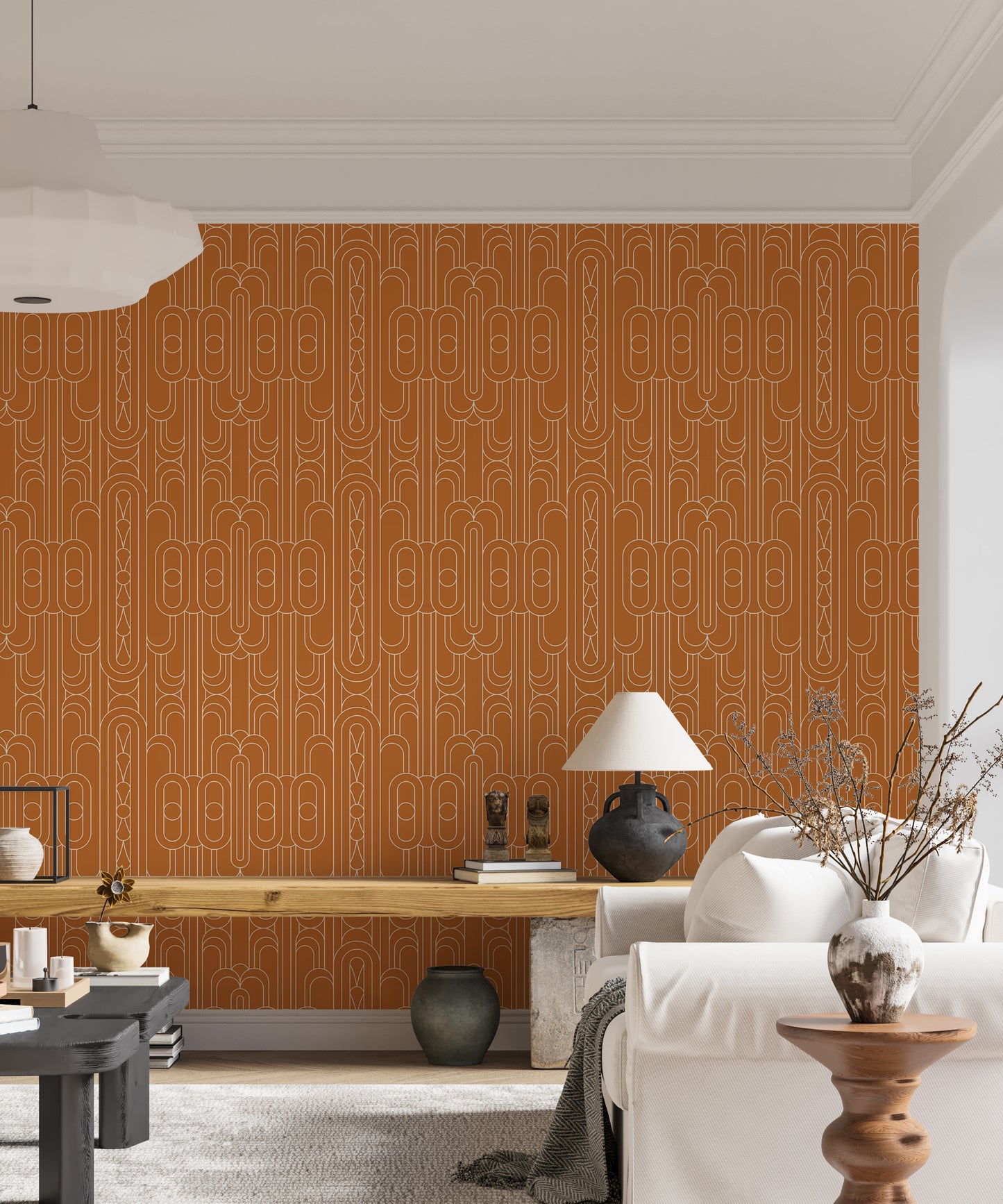 Orange Deco wallpaper with sleek white patterns.