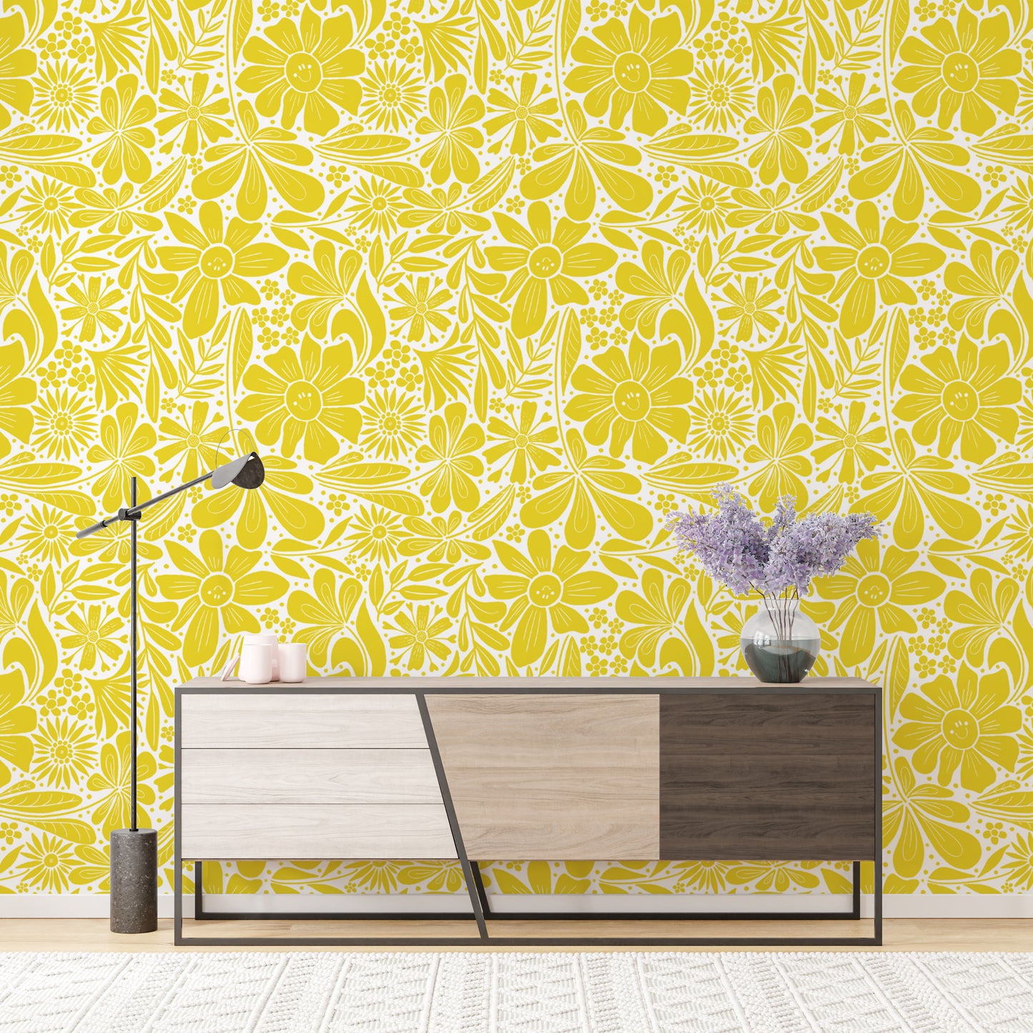 Vibrant floral pattern in sunny yellow tones for walls
