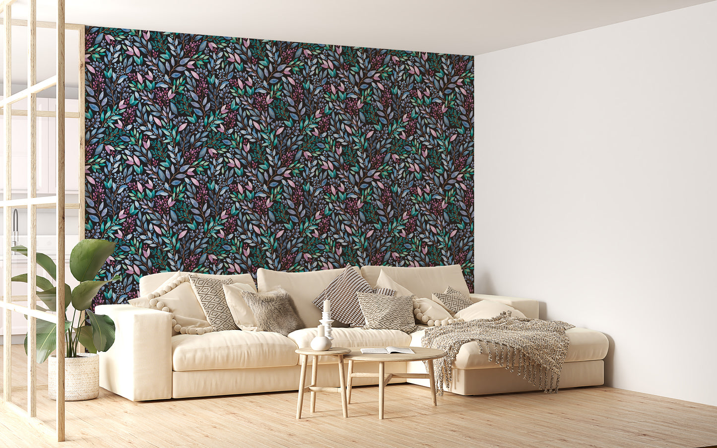 Colorful Flowers Hand Painted Leaves Wallpaper