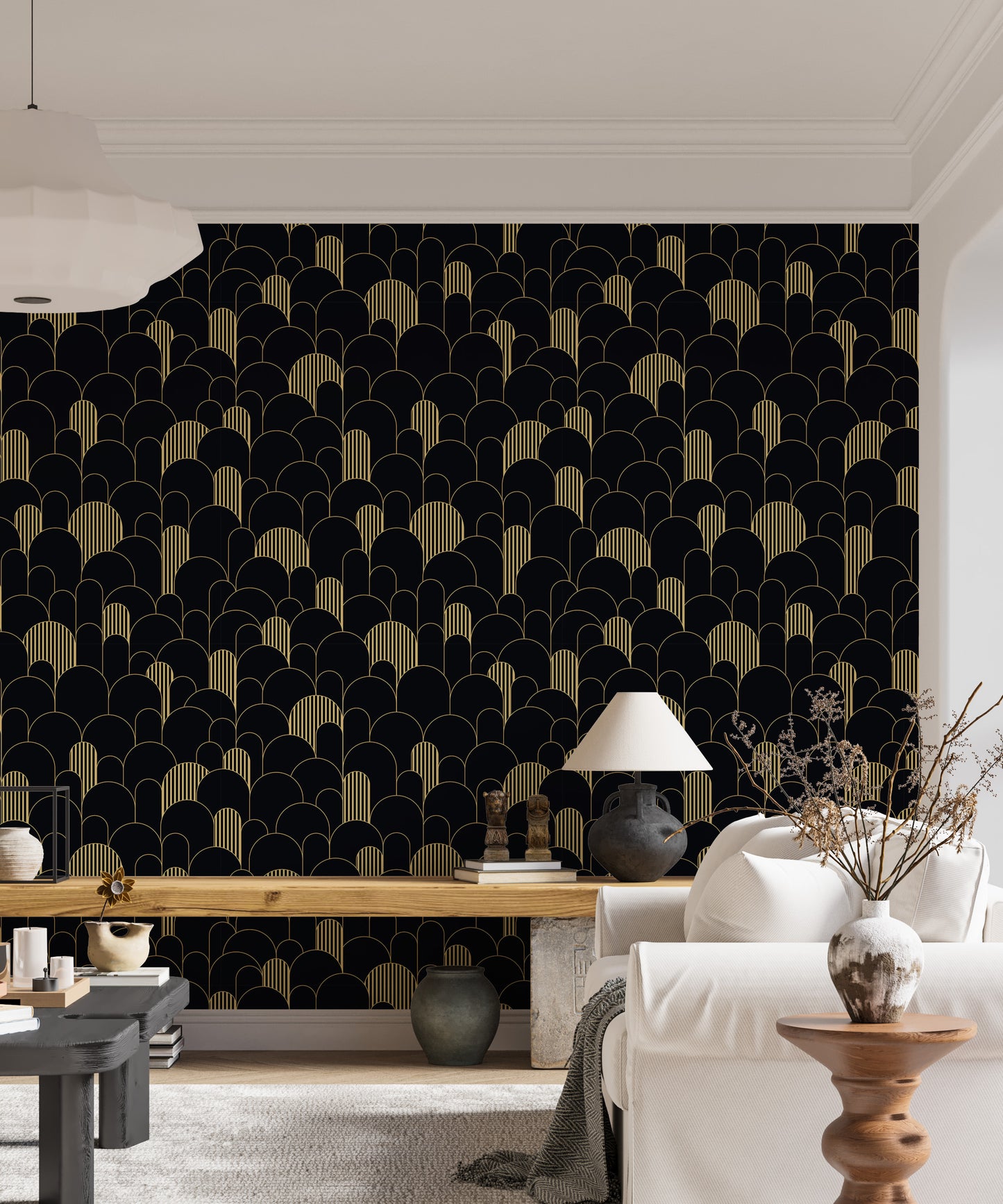 Modern golden lines in Deco style wallpaper.