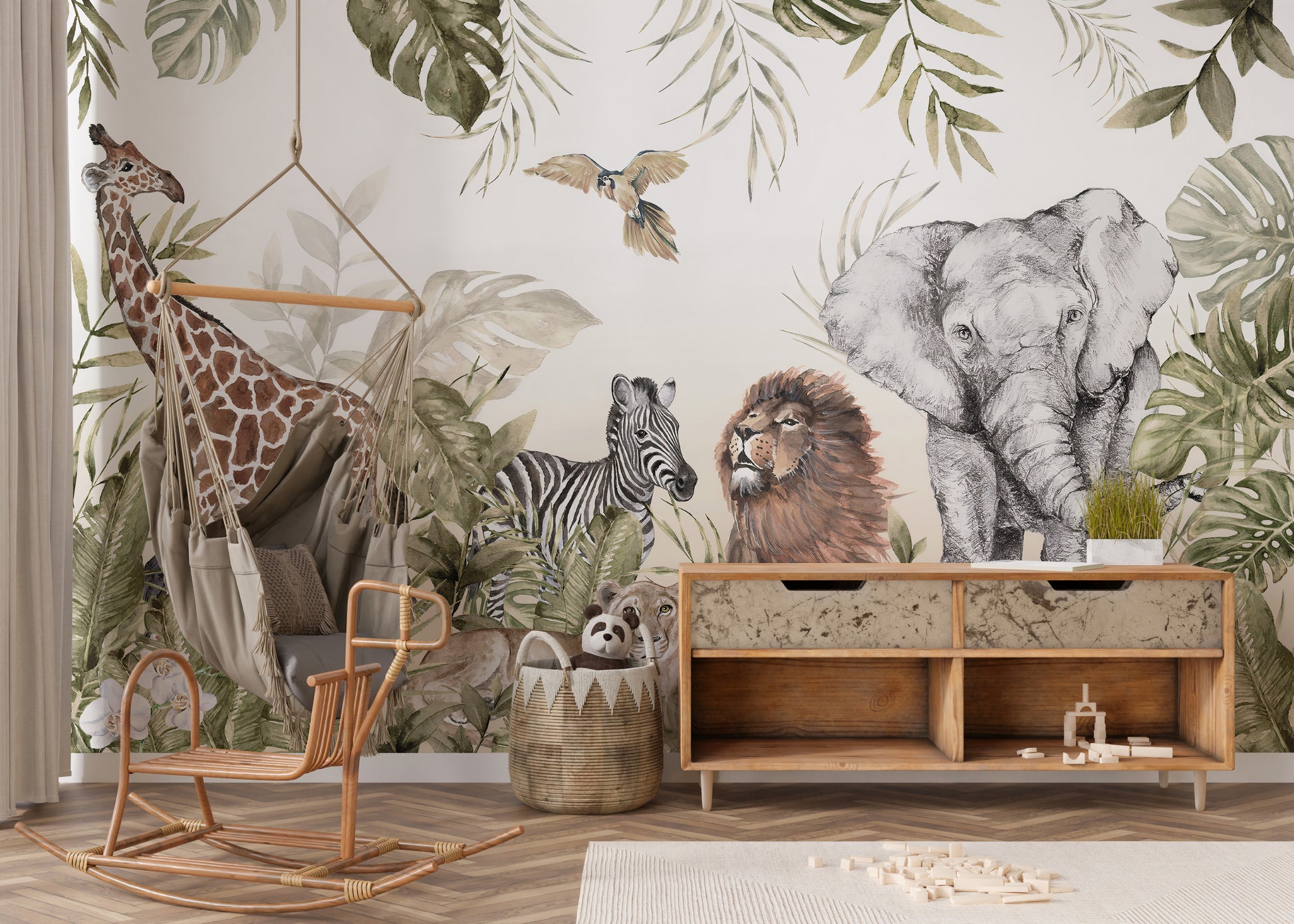 Artistic jungle animals mural for kids spaces
