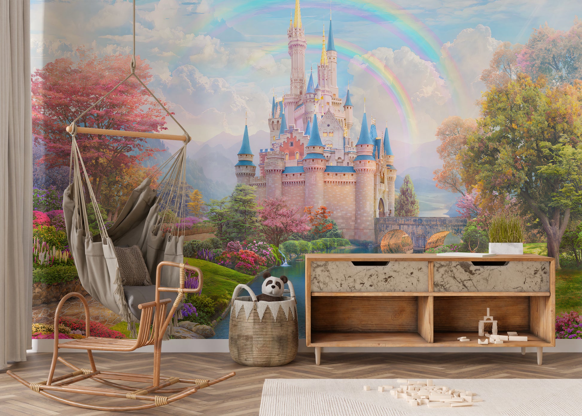 Pink castle-themed wallpaper for kids room
