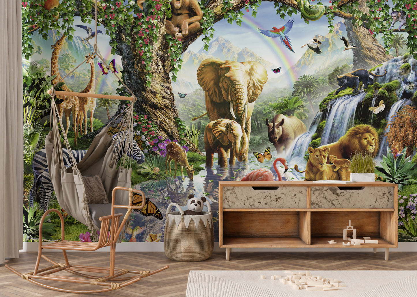 3D jungle animals mural for playful interiors

