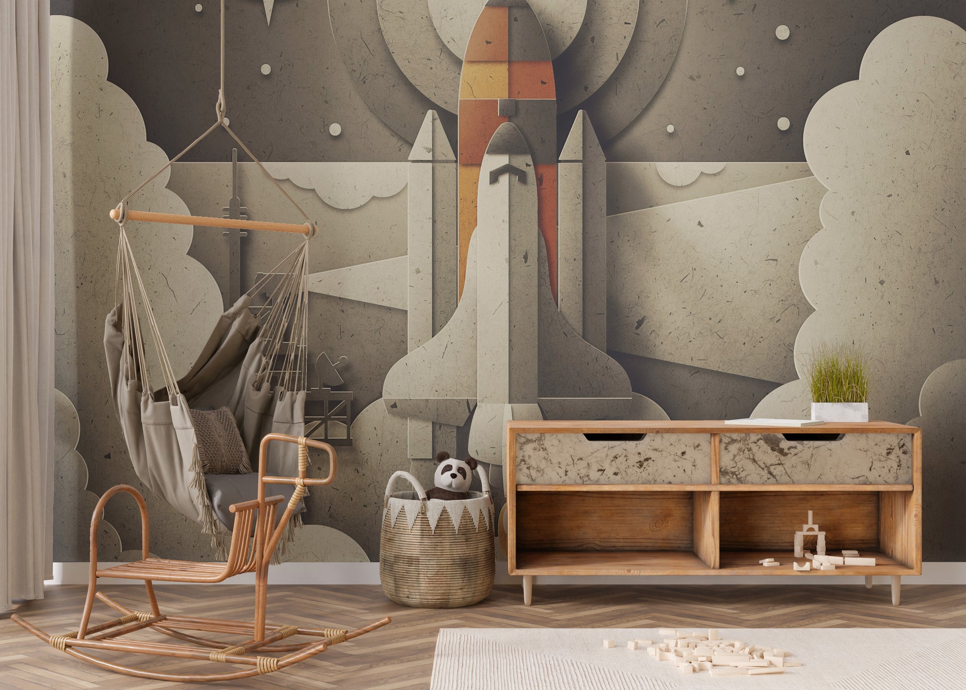 Kids’ room rocket launch wall decor idea
