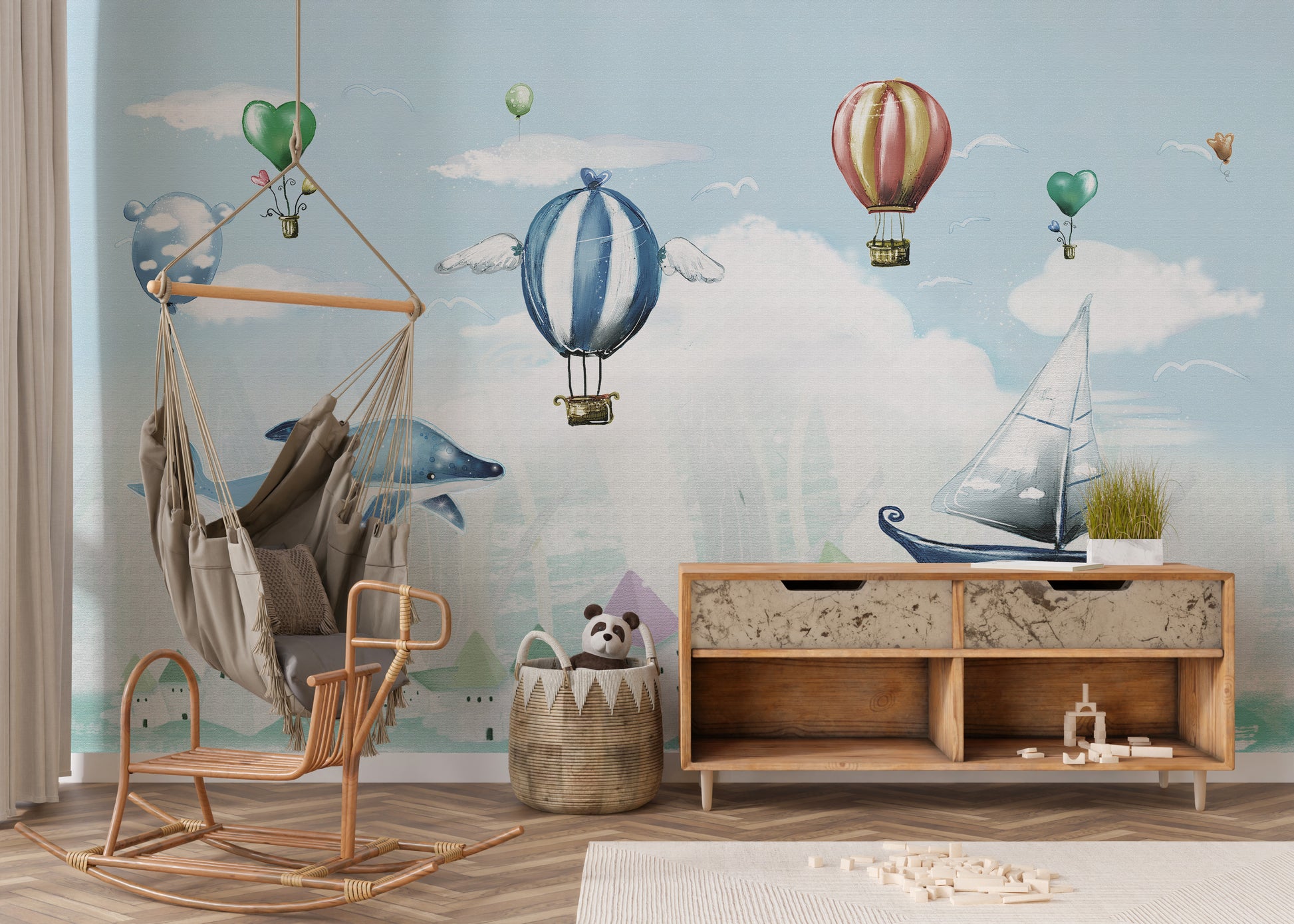 Hot air balloon-themed wall decor for playrooms
