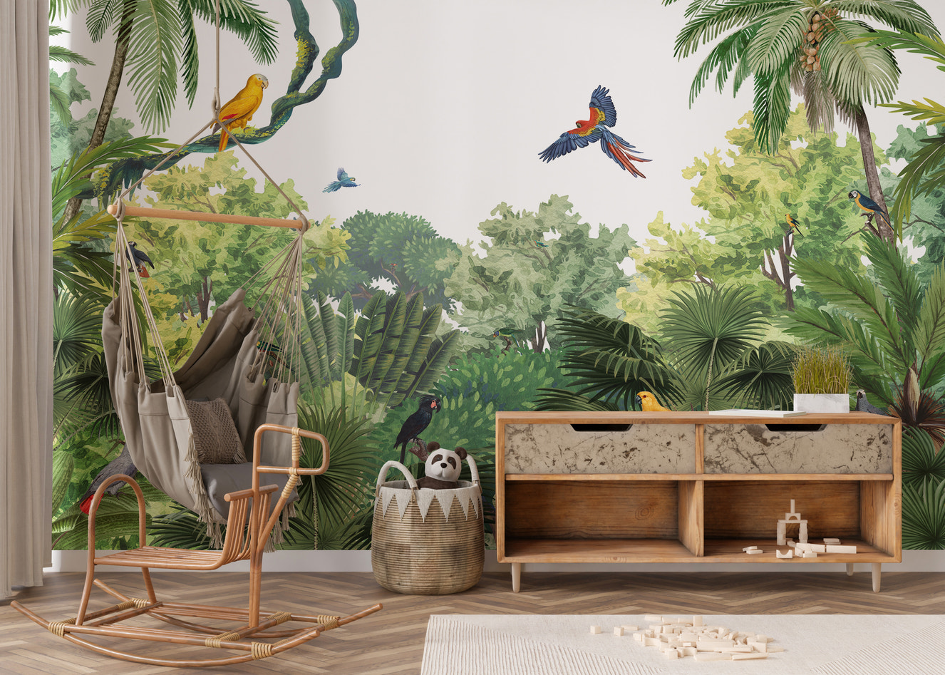 Wallpaper mural featuring colorful exotic bird species.
