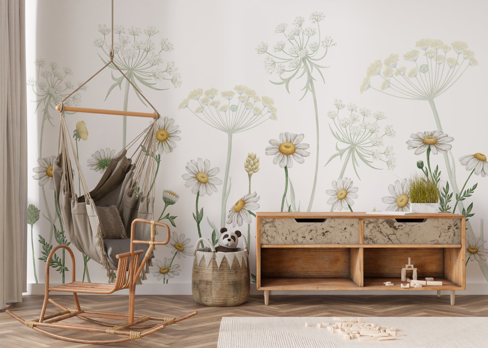 White daisy mural with lush green botanical accents.
