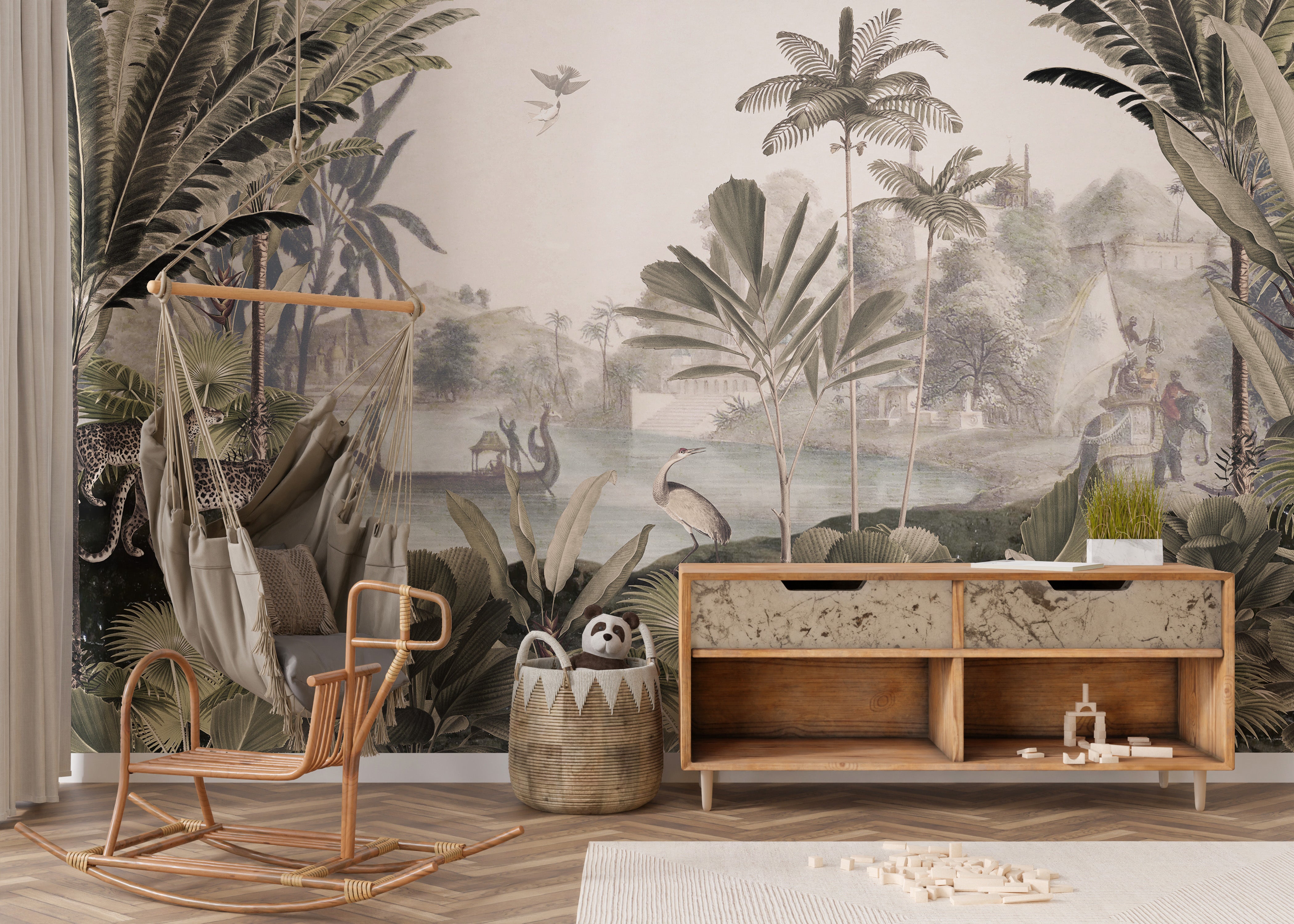 Enigmatic mural with a sepia jungle panorama design.
