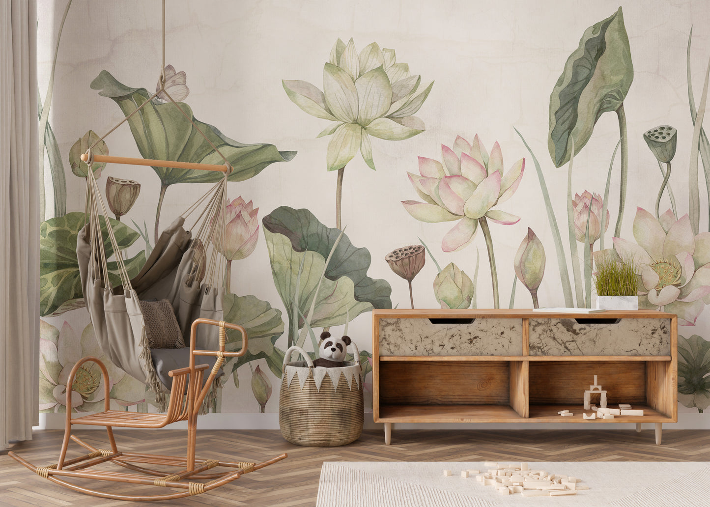 Water lily wall mural in a calming botanical style.
