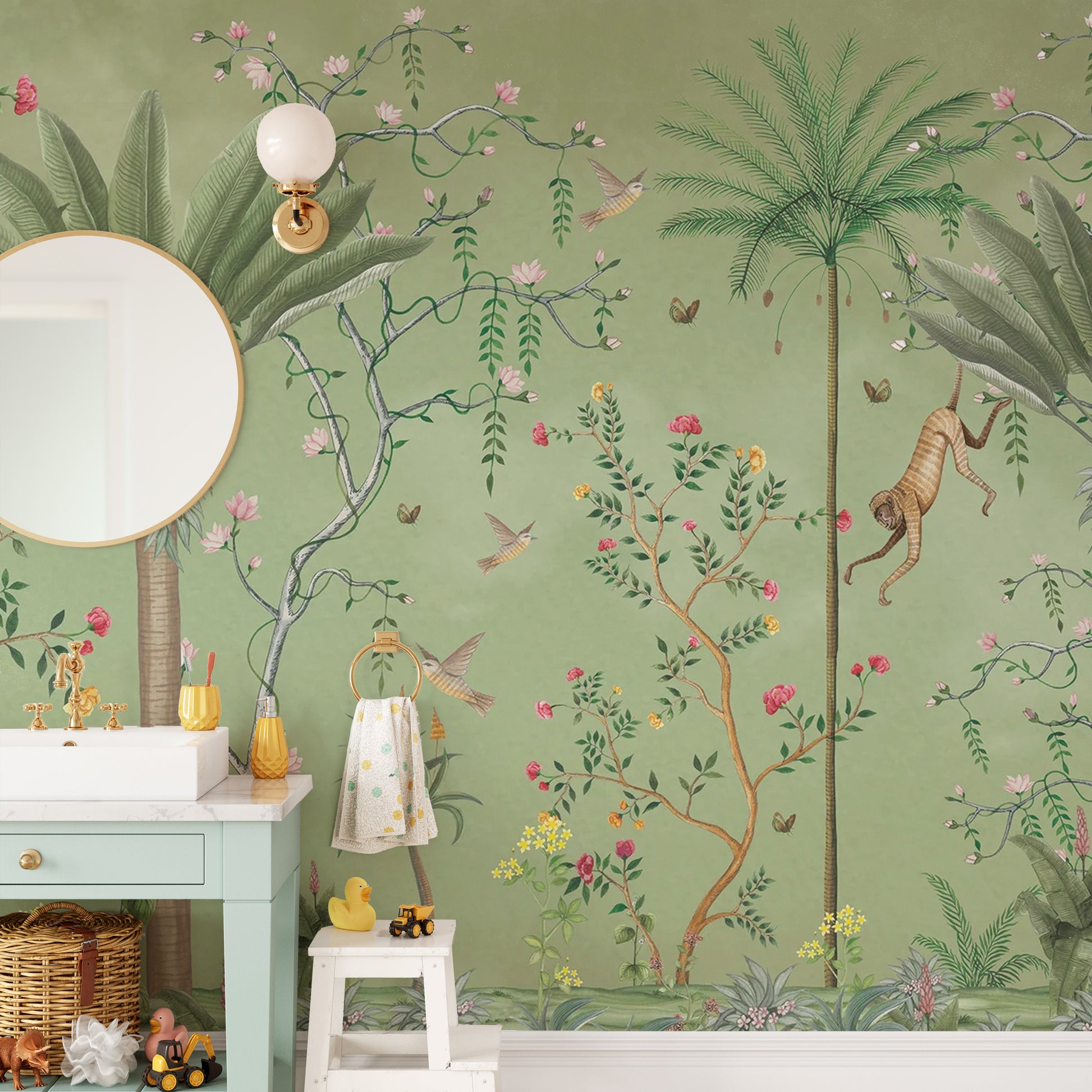 Exotic green tropical chinoiserie wallpaper for bold rooms



