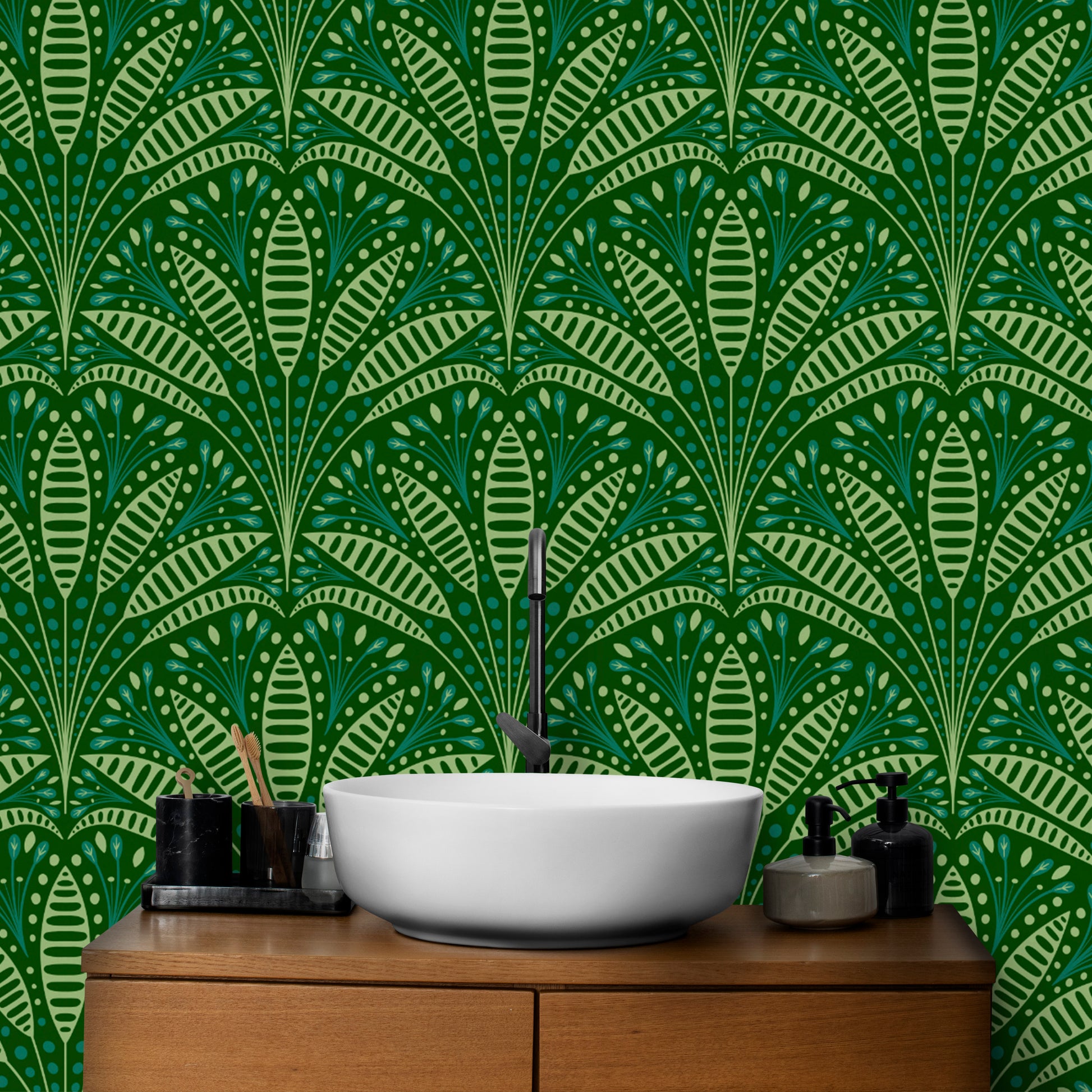 Green palm pattern wallpaper with vintage Art Deco vibes
