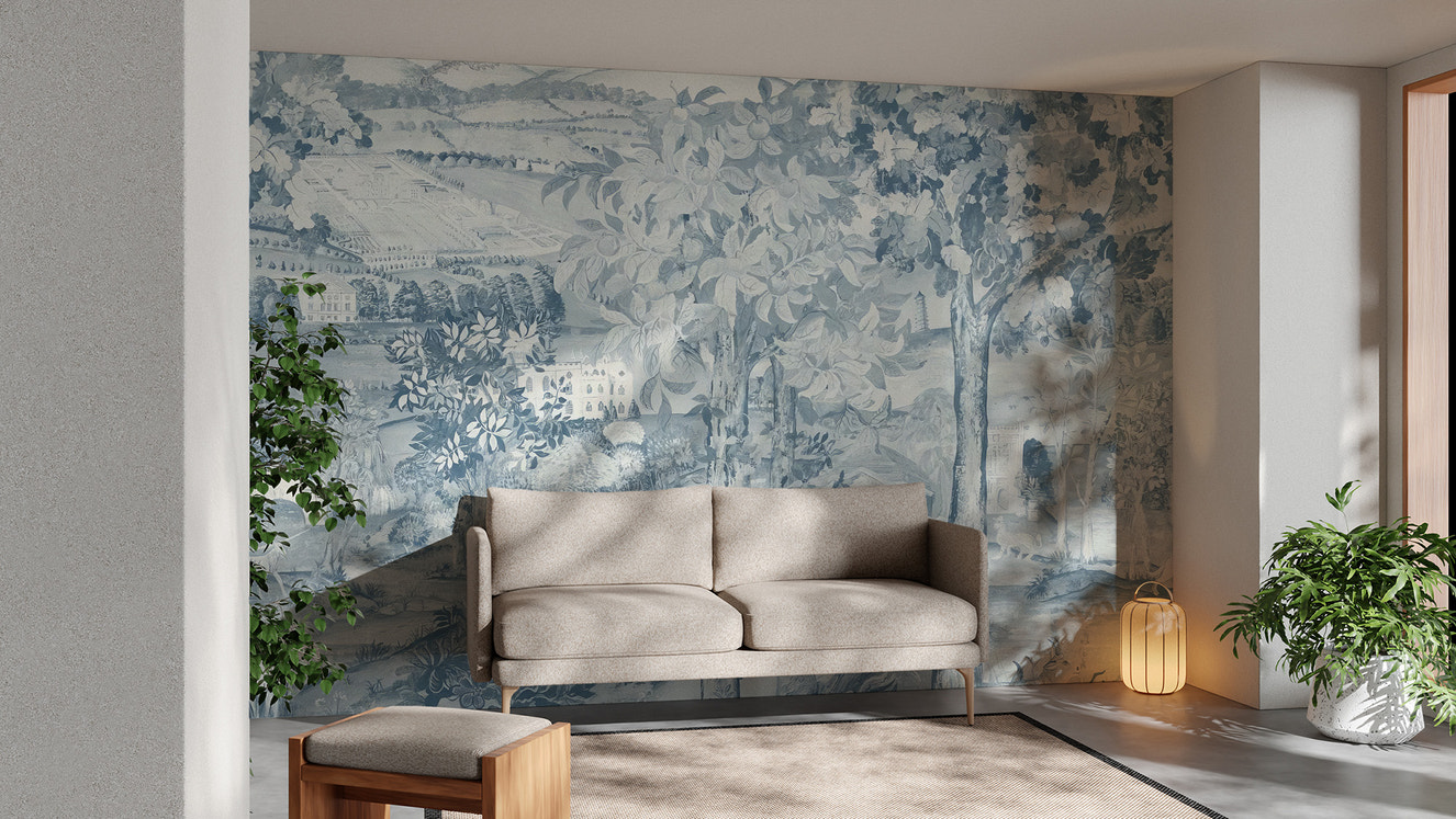 Elegant blue Zoffany scene mural for refined decor
