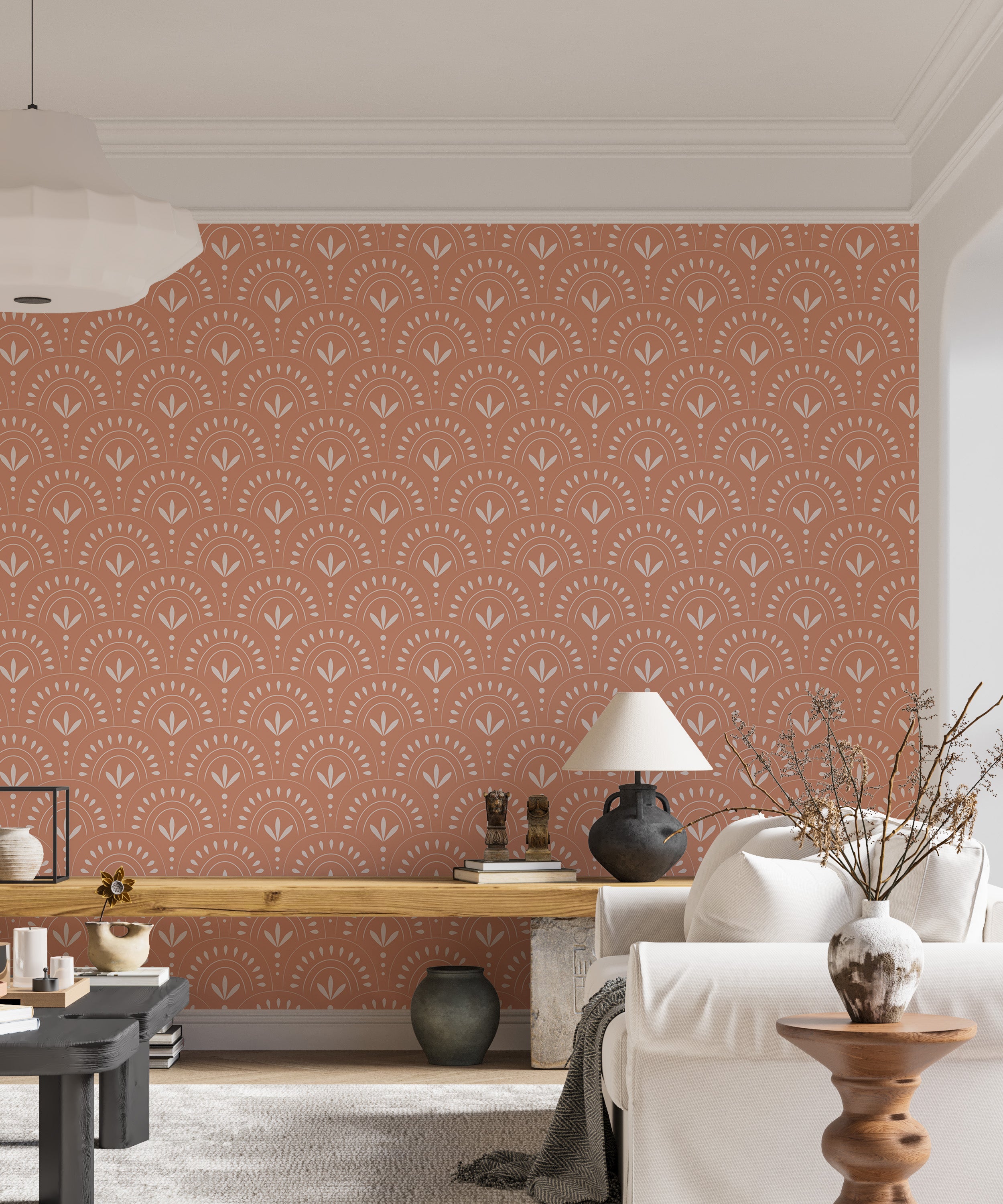 Kids room featuring boho orange wallpaper