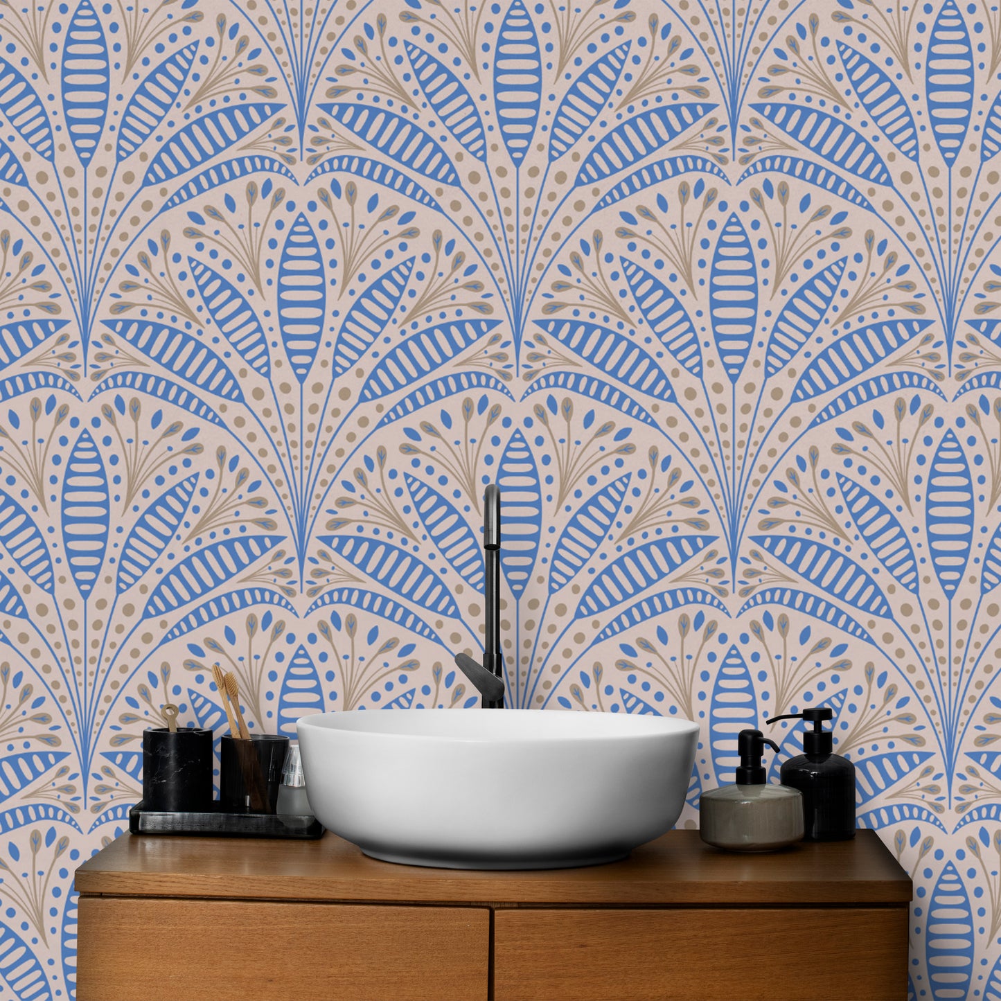 Blue palm pattern wallpaper with vintage Art Deco vibes
