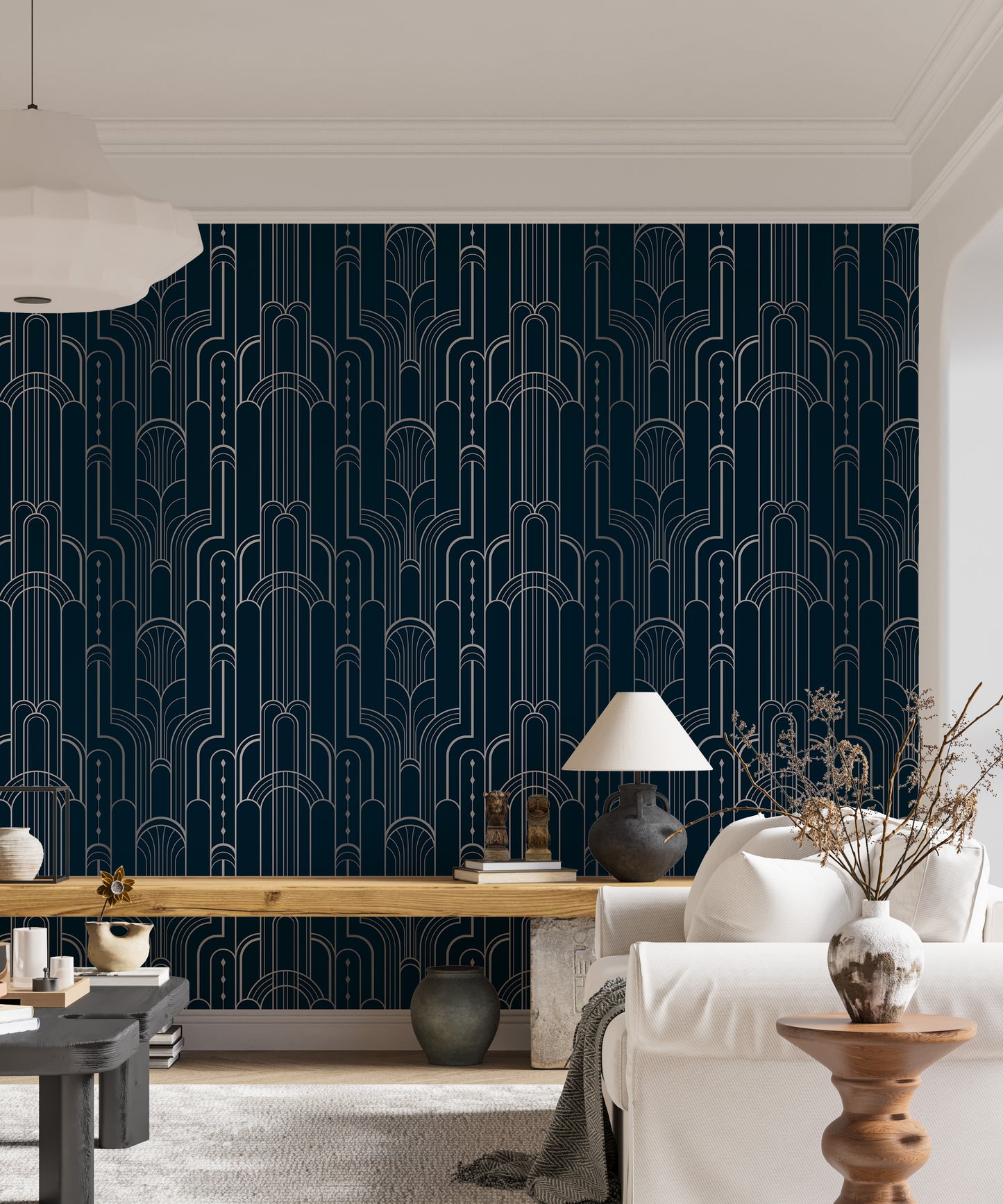 Bold blue and silver Art Deco design for walls.