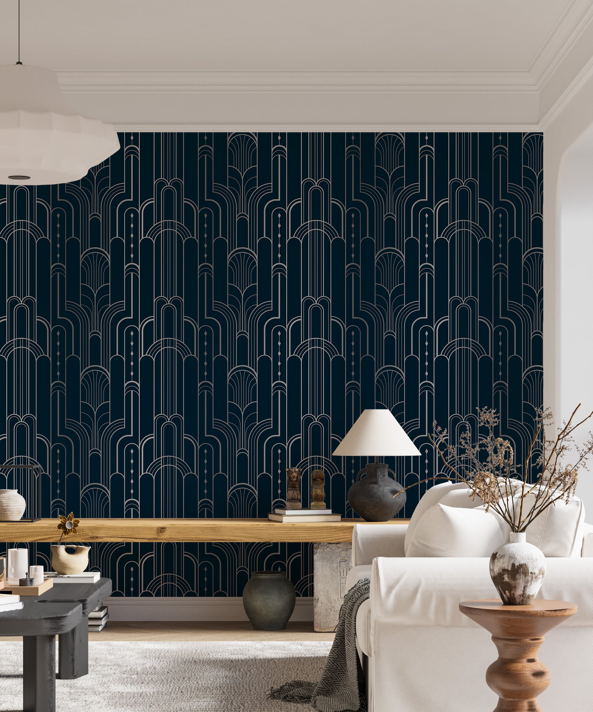 Bold blue and silver Art Deco design for walls.