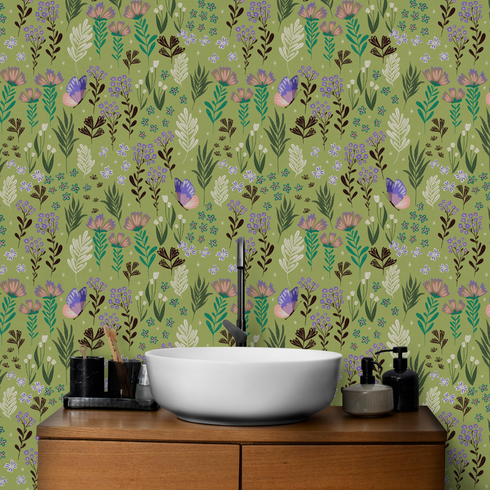 Nature-inspired green wallpaper with butterfly meadow details
