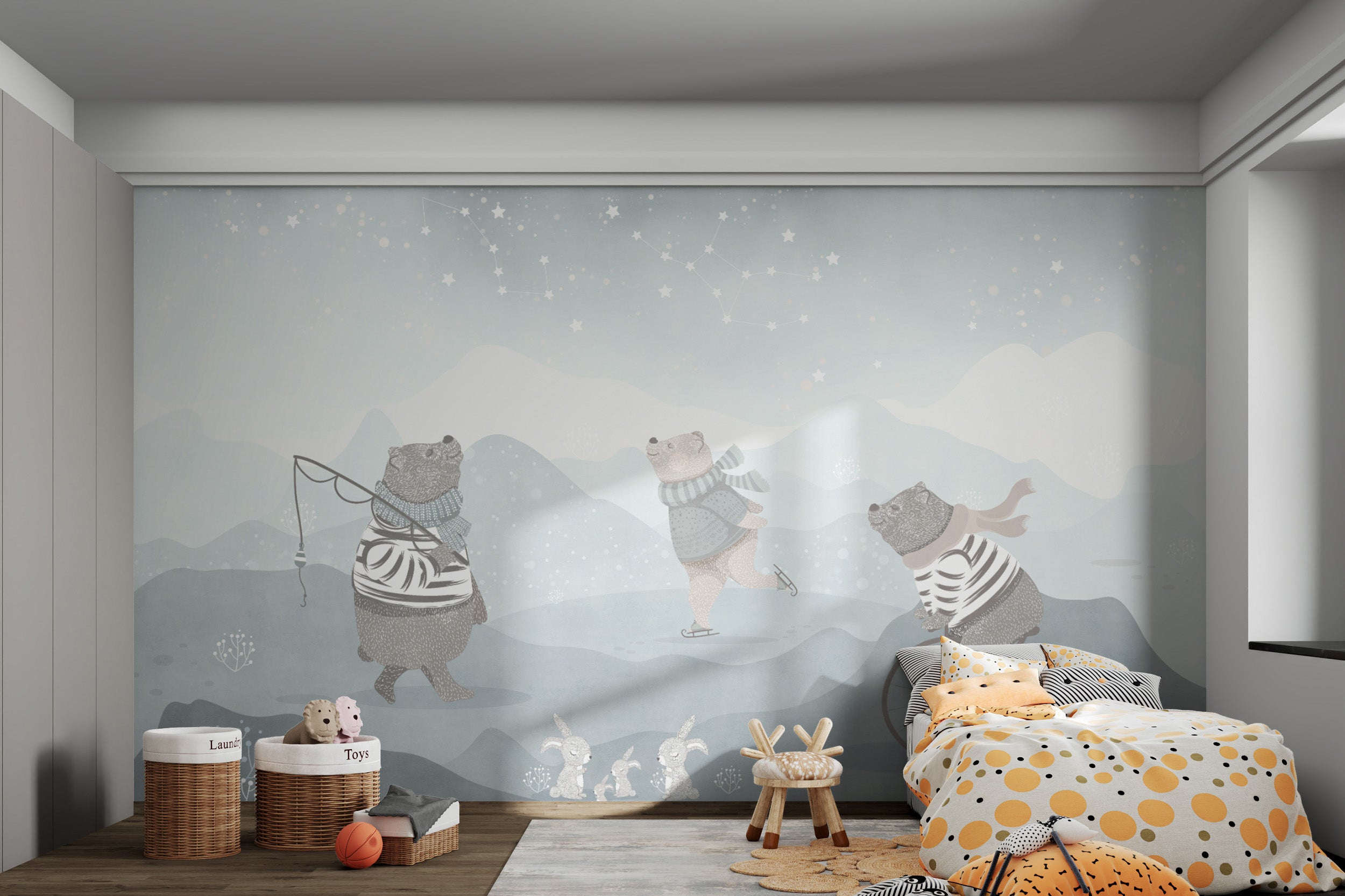 Cozy mural with bears beneath a sparkling night sky