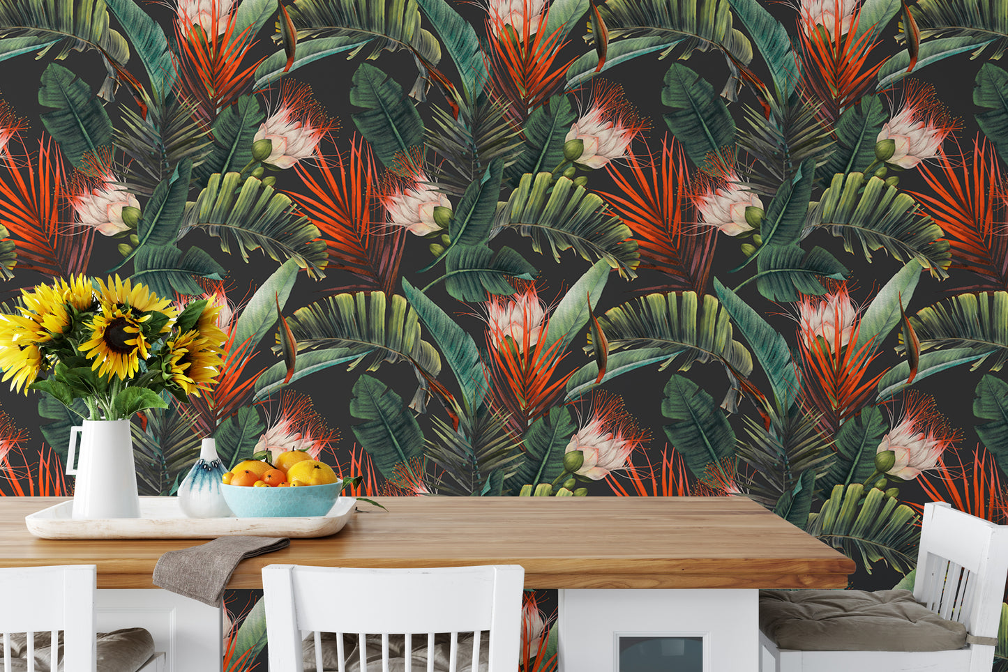 Floral Pattern Tropical Leaves Dark Background Wallpaper