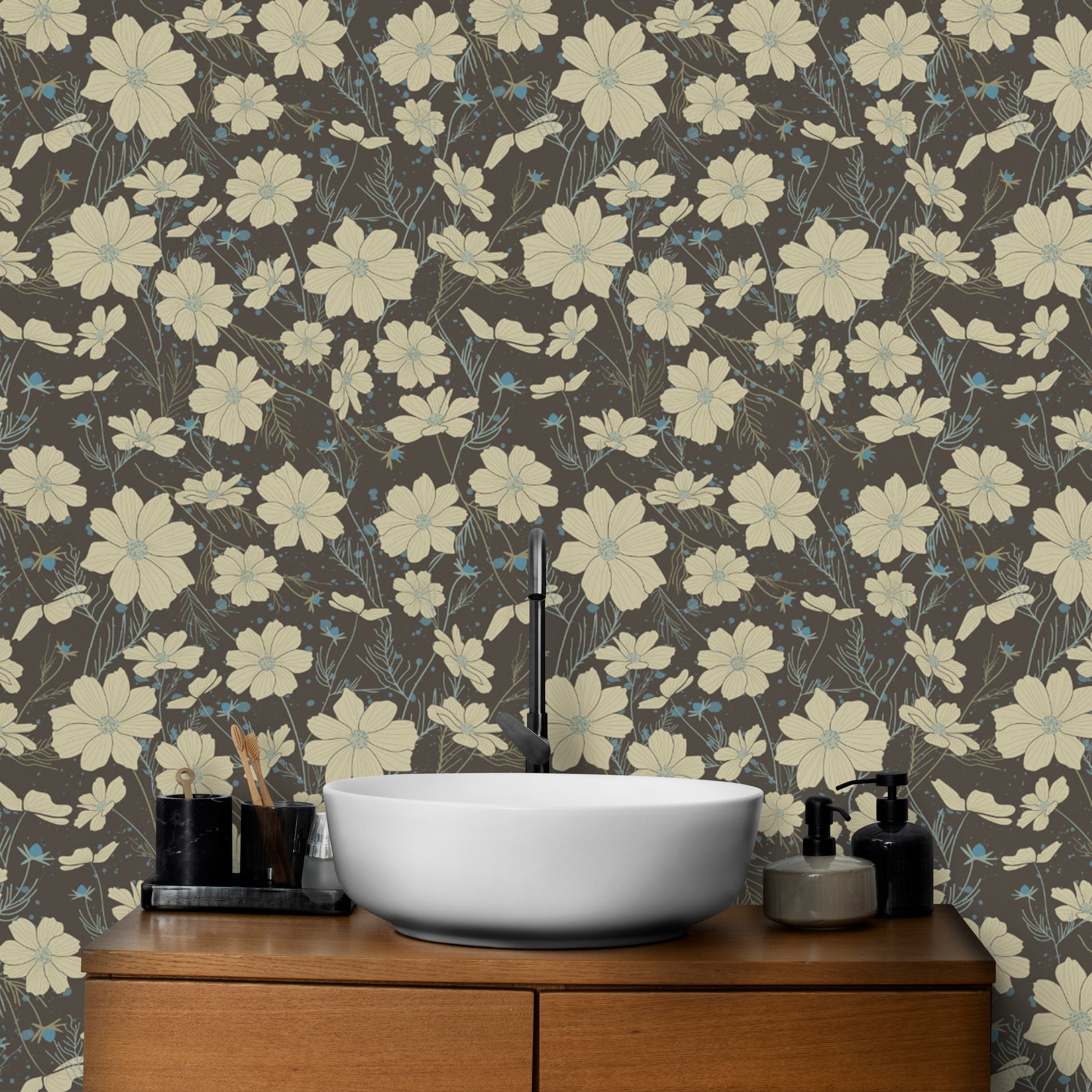 Subtle gray wallpaper with cosmos flower illustrations
