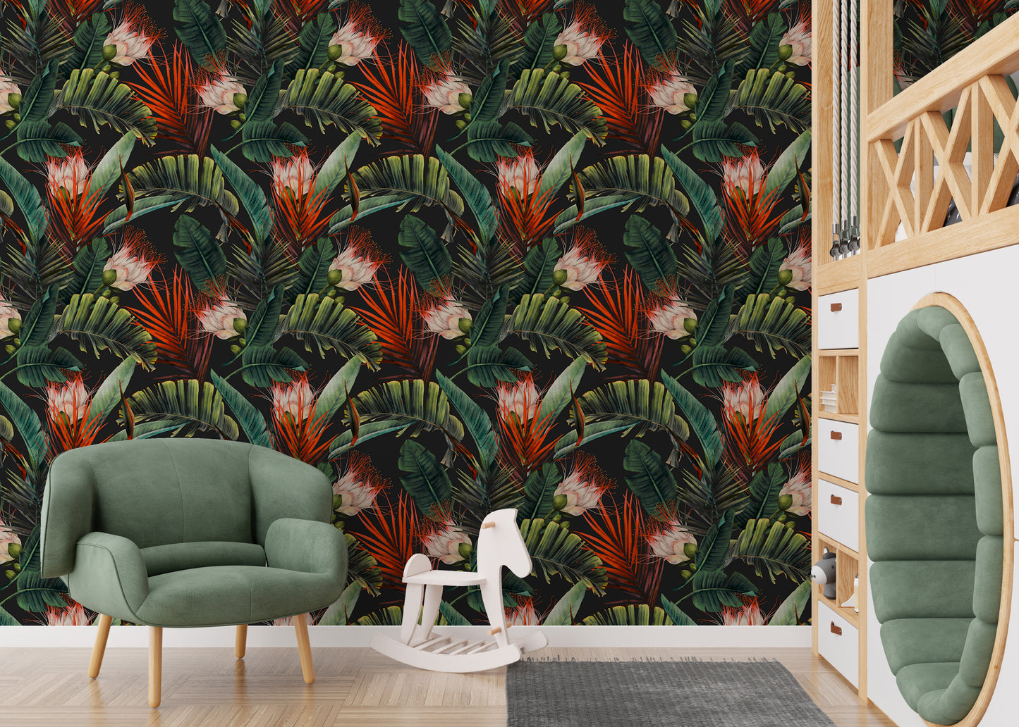 Floral Pattern Tropical Leaves Dark Background Wallpaper