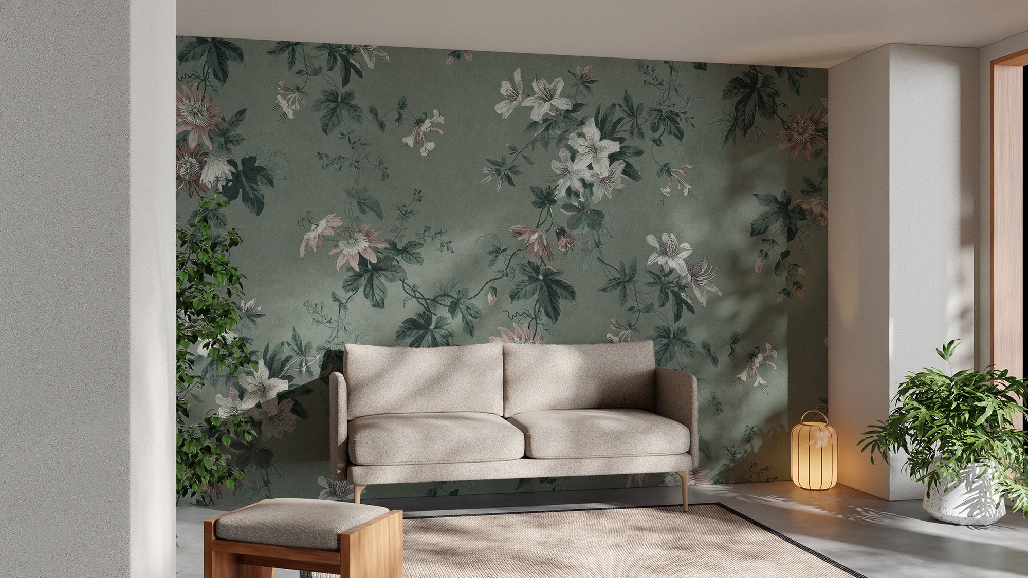 Serene green chinoiserie wallpaper for calming decor
