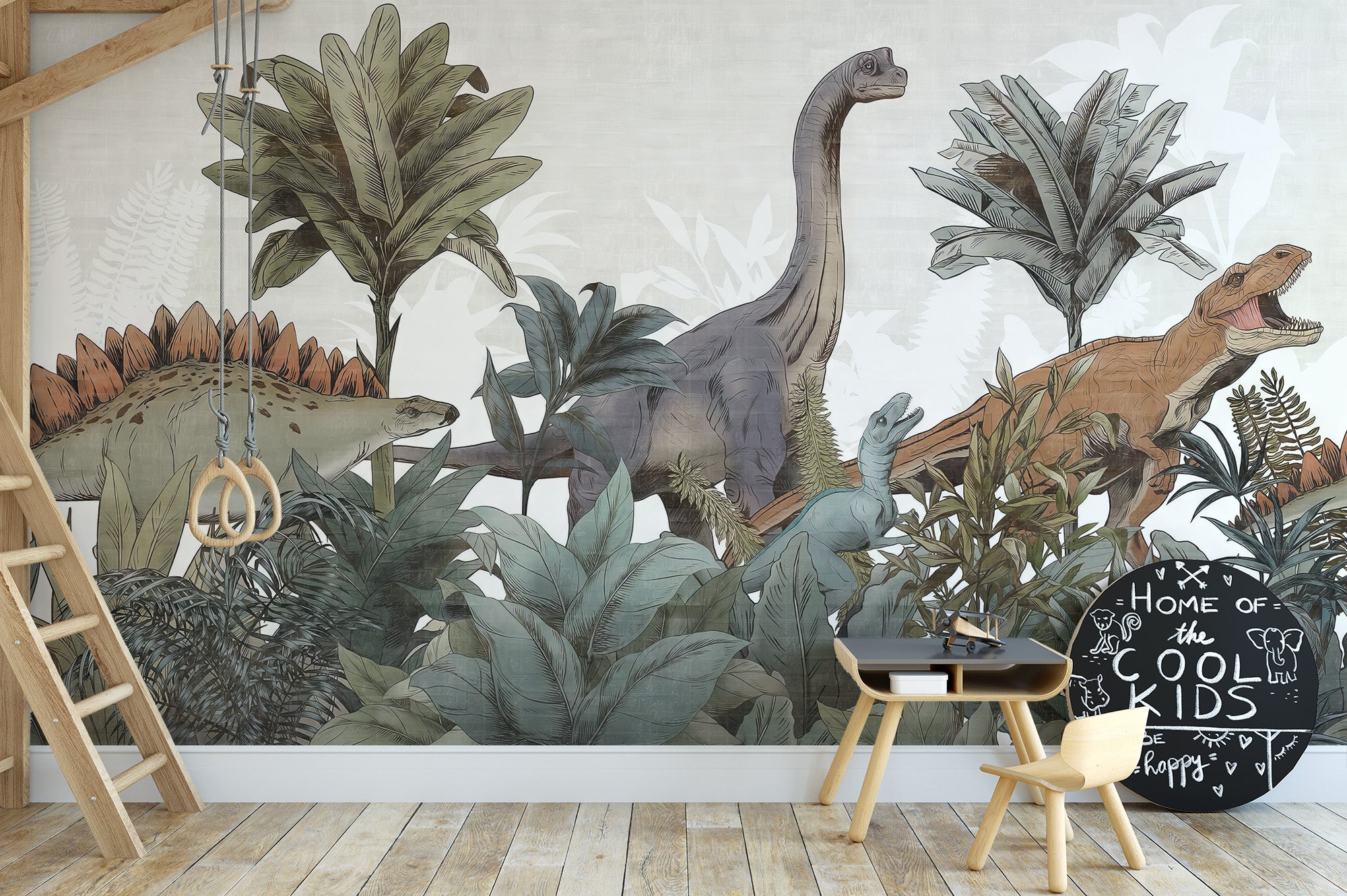 Room wallpaper featuring Jurassic forest and dinosaurs