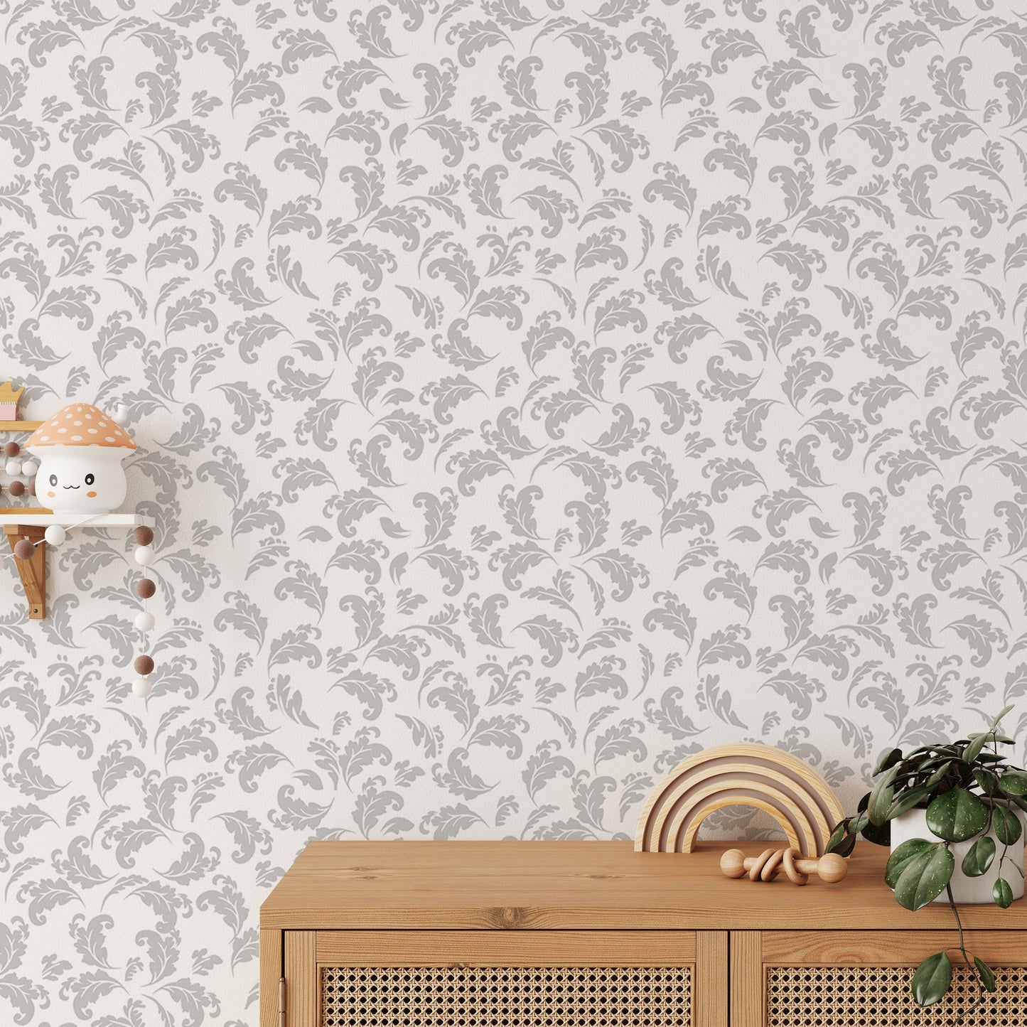 Grey Color Leaves White Background Style Damask Wallpaper