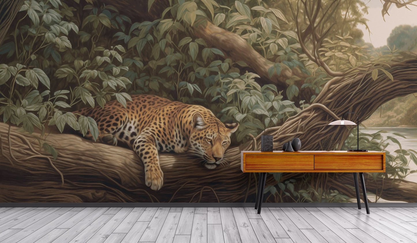 Vibrant leopard jungle wall mural for adventurous rooms
