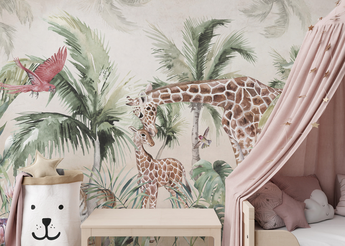 Forest wallpaper with giraffe and tiger details