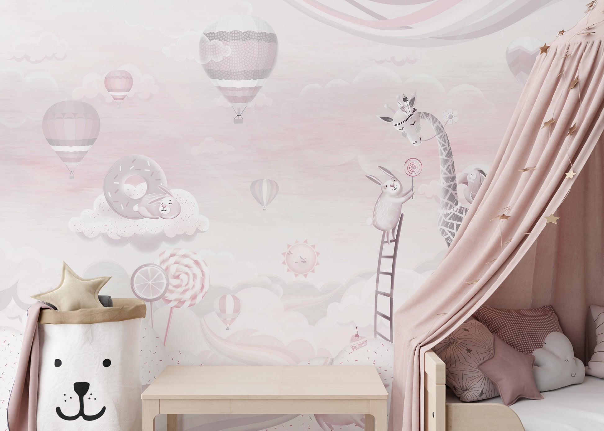 Pink cartoon design mural for child spaces
