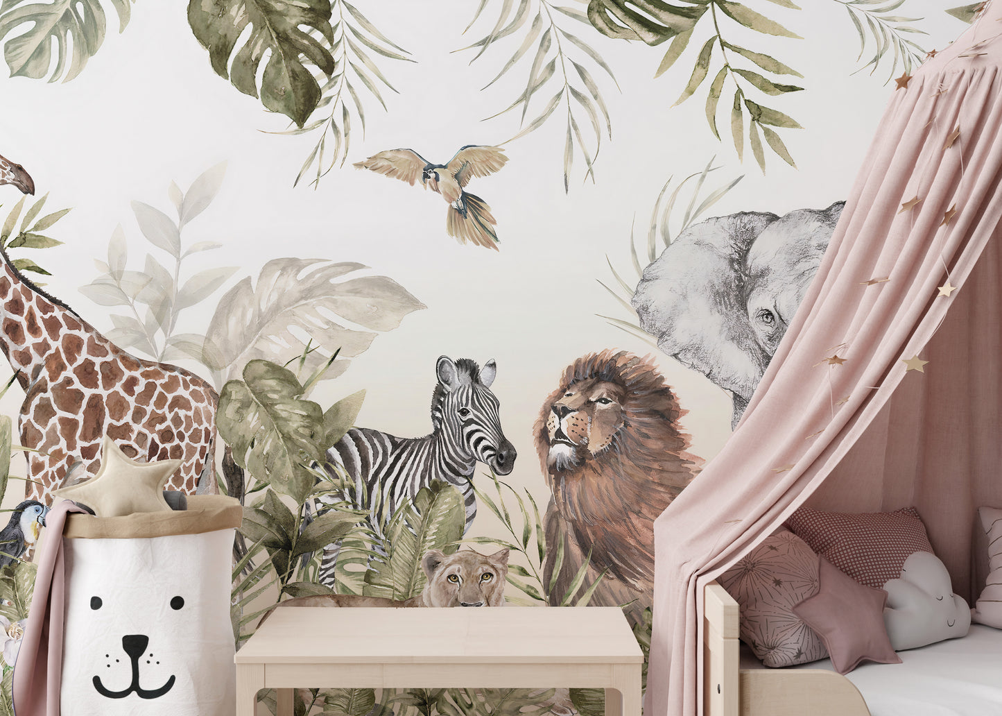 Kids room wall mural with jungle animal design
