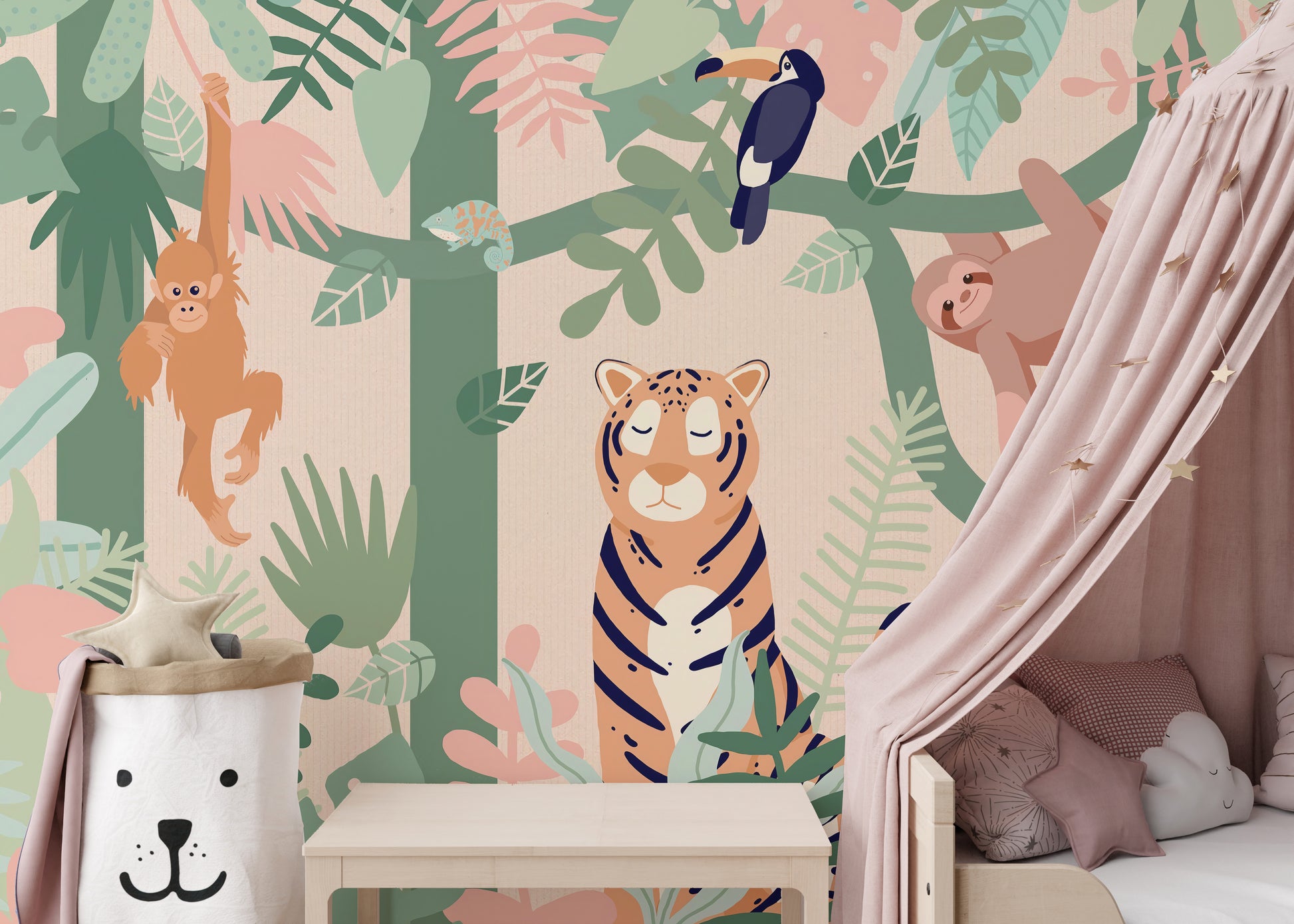 Dozy tiger forest wallpaper for playful rooms
