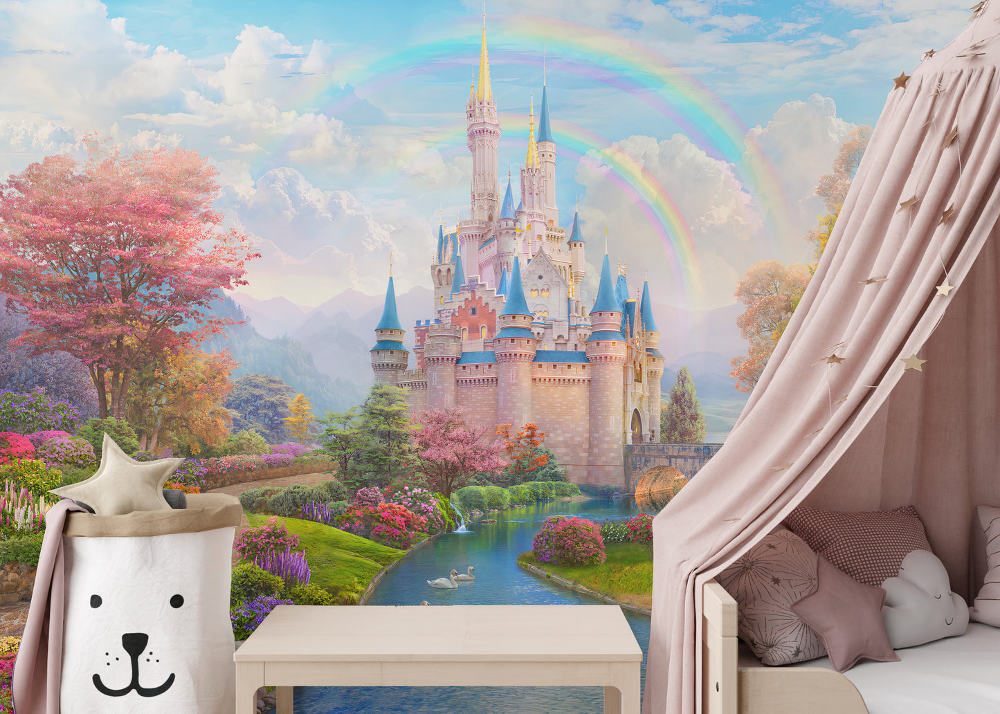 Charming pink princess castle wall mural decor
