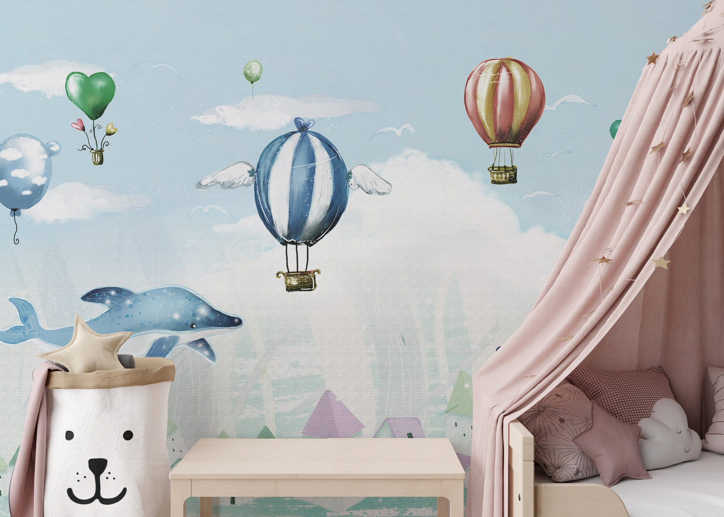 Vibrant kids room wallpaper with hot air balloons
