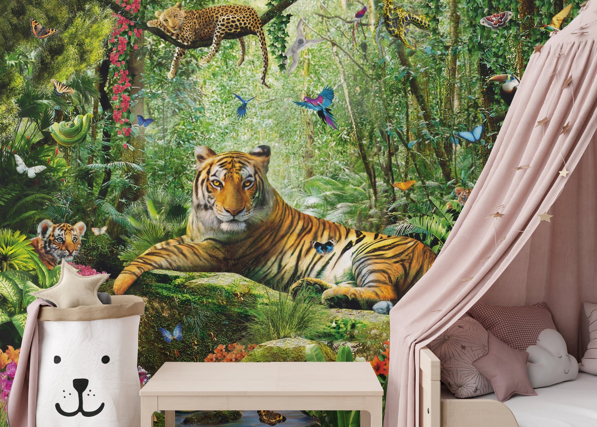 Jungle adventure mural with exotic wildlife
