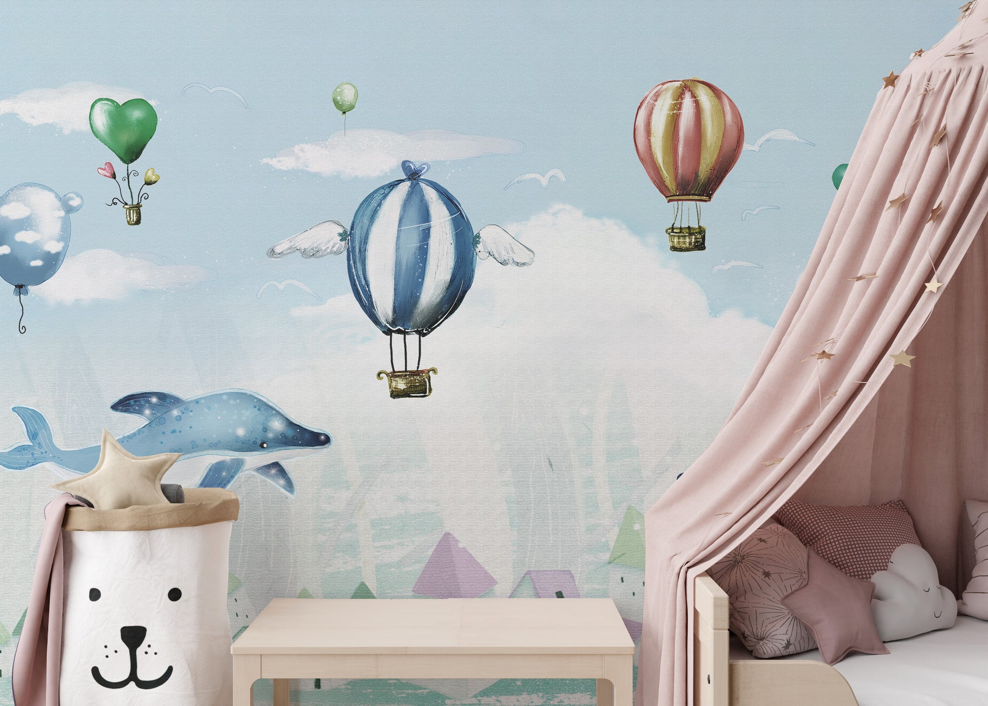 Whale and balloons in soft blue wallpaper.
