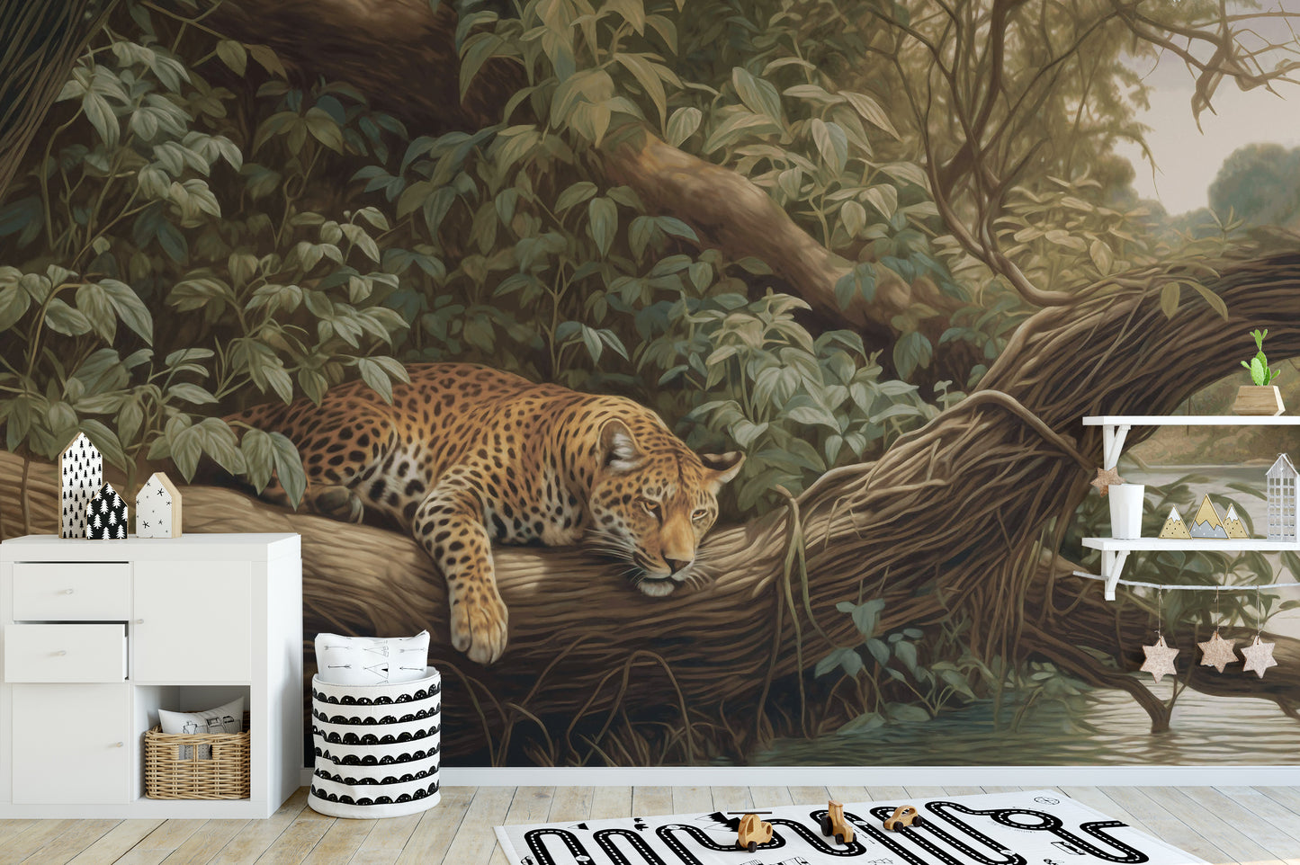 Artistic jungle mural with leopard for exotic interiors
