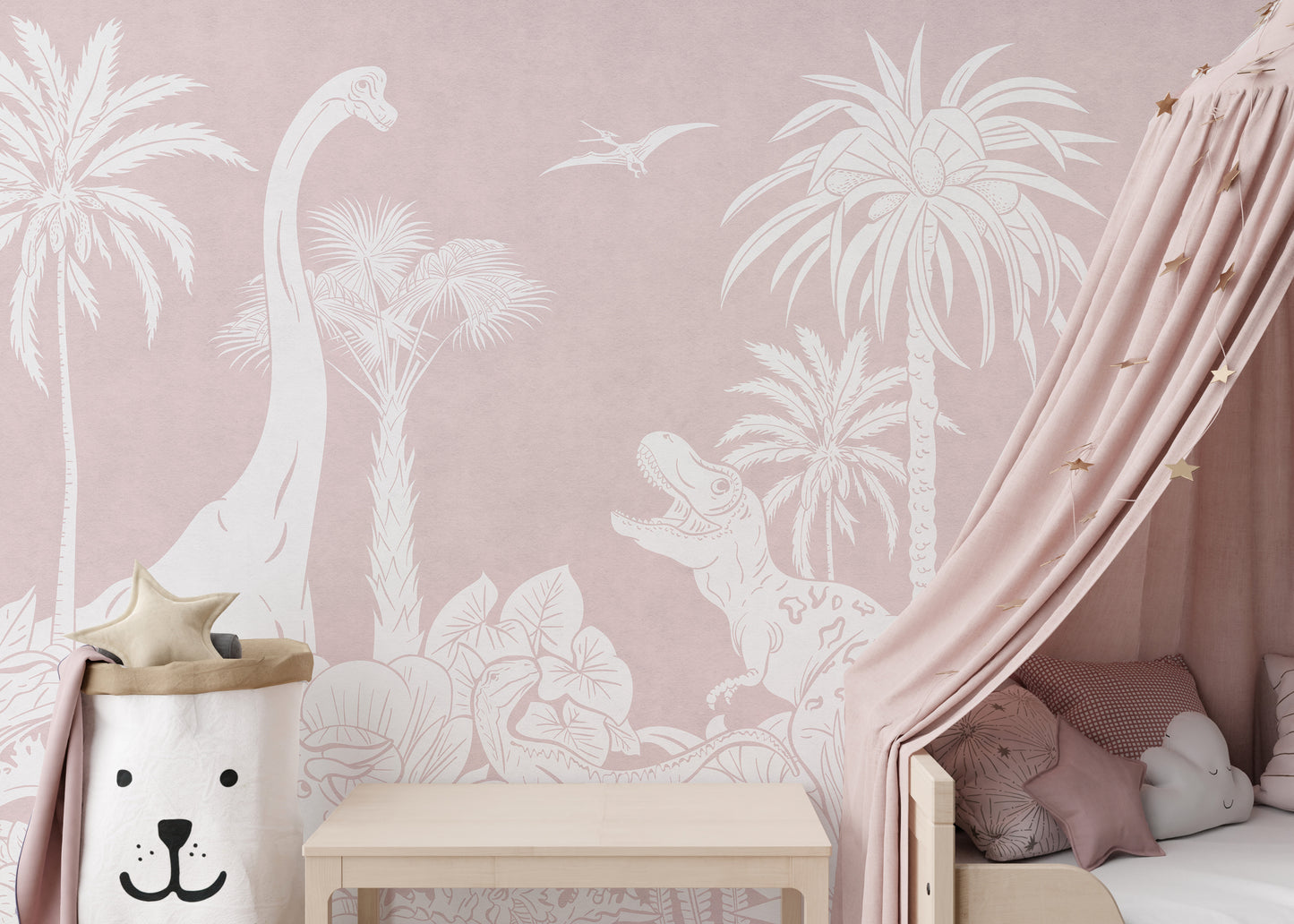 Monochrome Dino Pink wallpaper for modern kids' decor.
