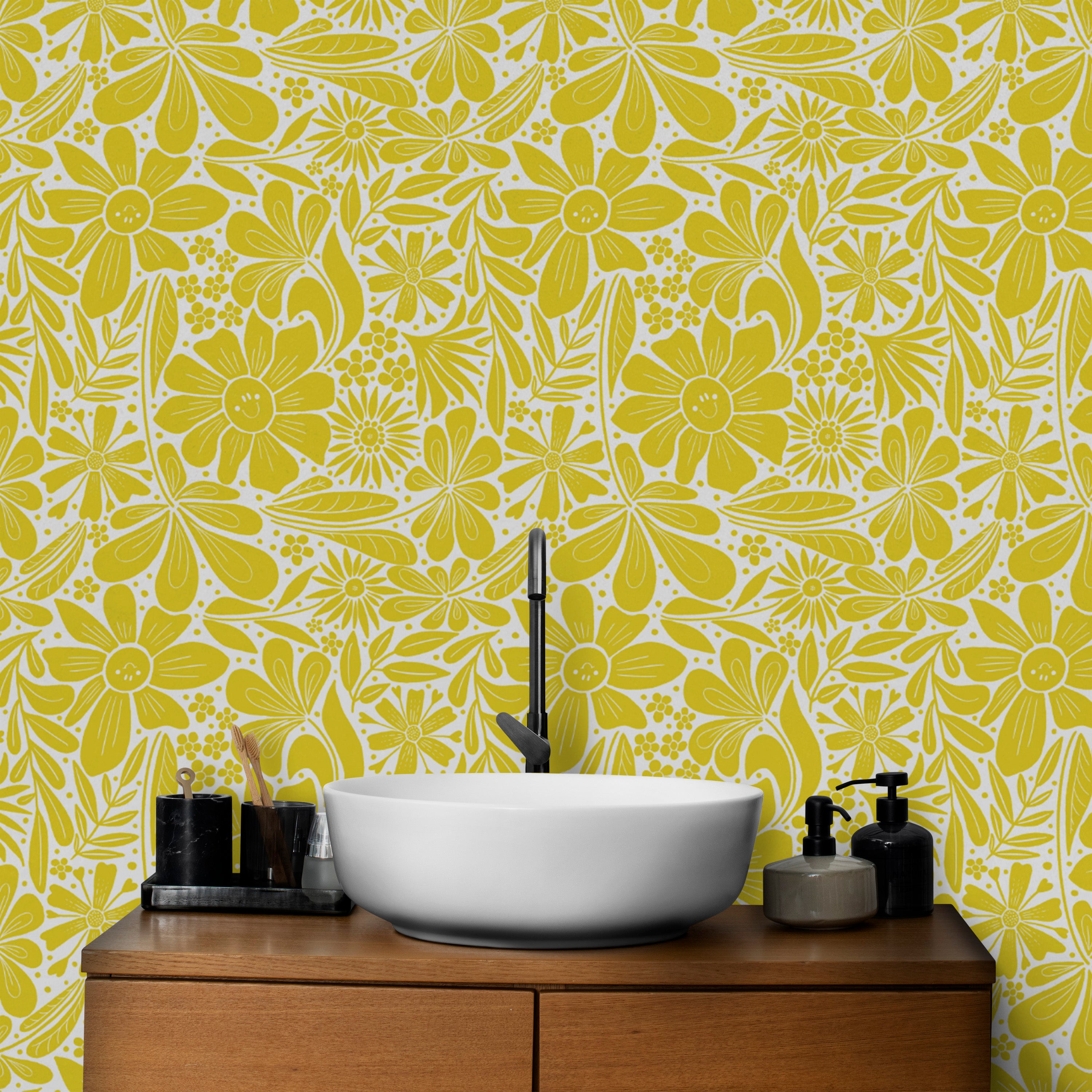 Whimsical wallpaper showcasing happy blooms in yellow