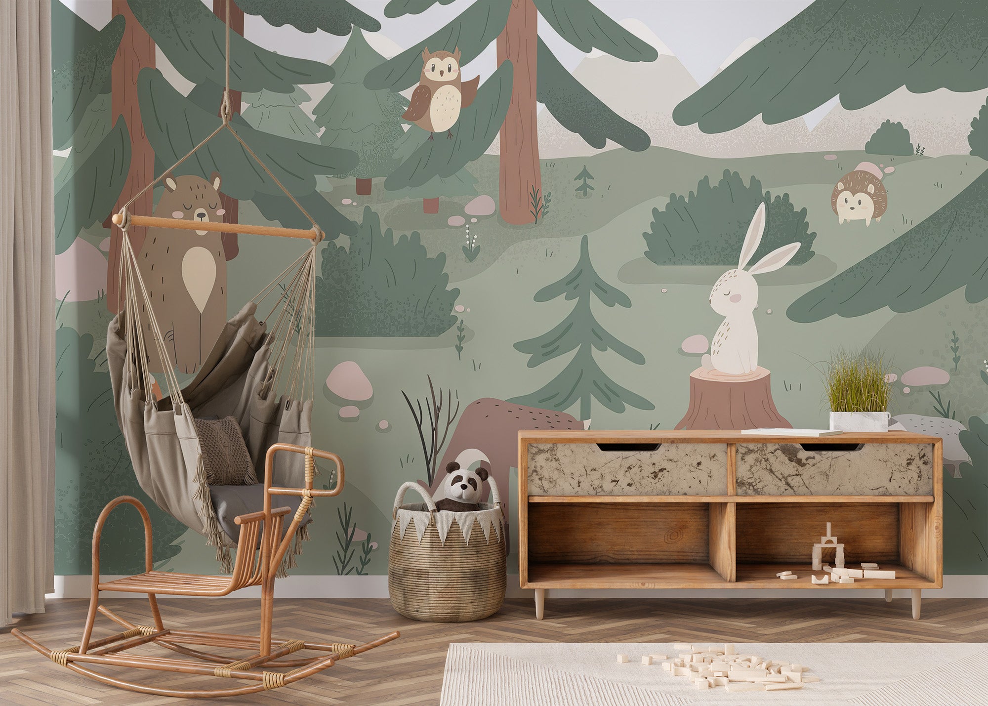 Playful kids mural showcasing woodland animals in a fun style
