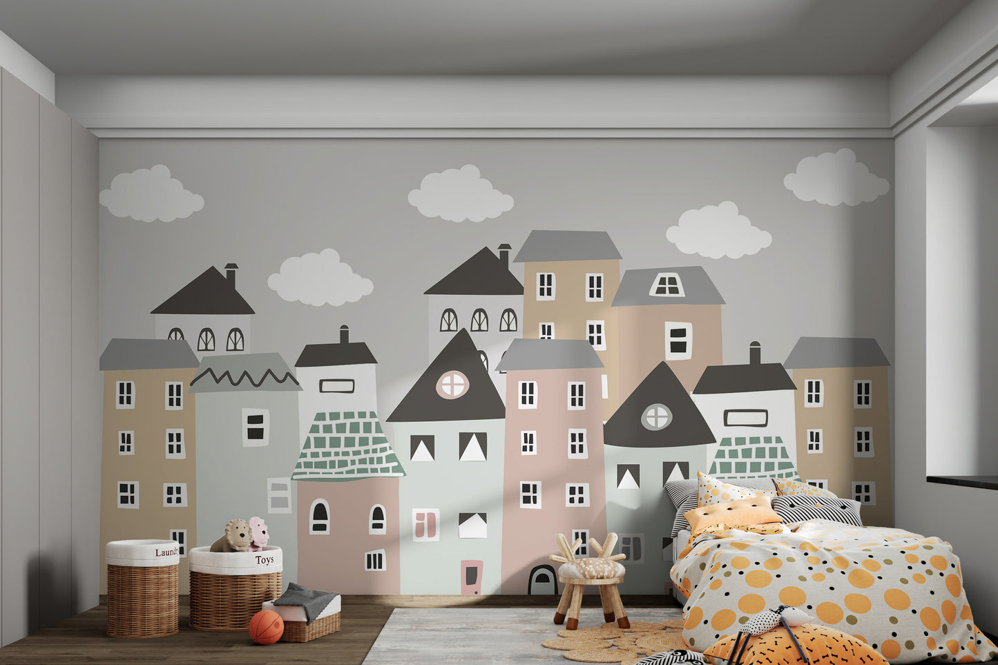 Adorable wall mural with whimsical houses for nurseries