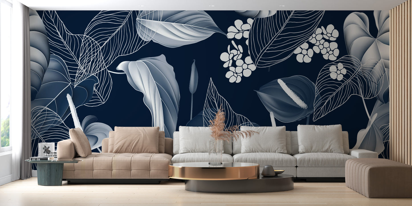 Dark blue floral mural for stunning walls
