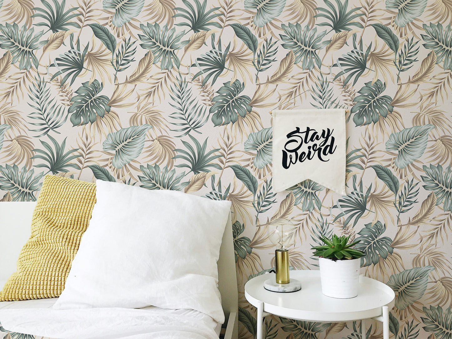 Tropical Green Foliage Palm Leaves Beige Wallpaper