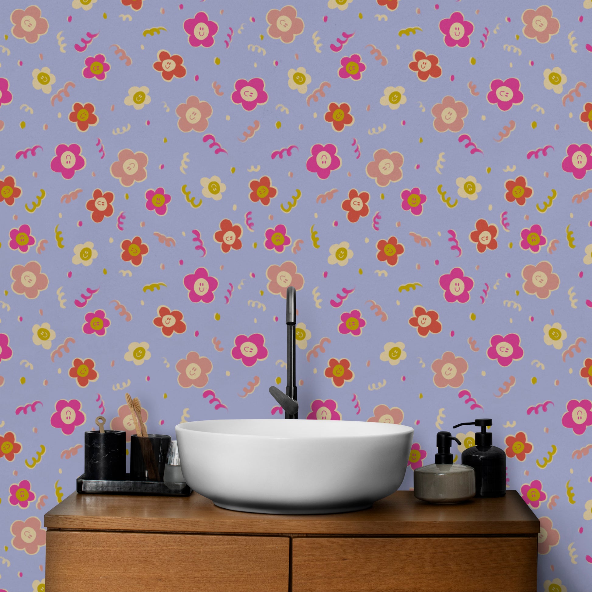 Joyful wallpaper showcasing blooming flowers with smiles
