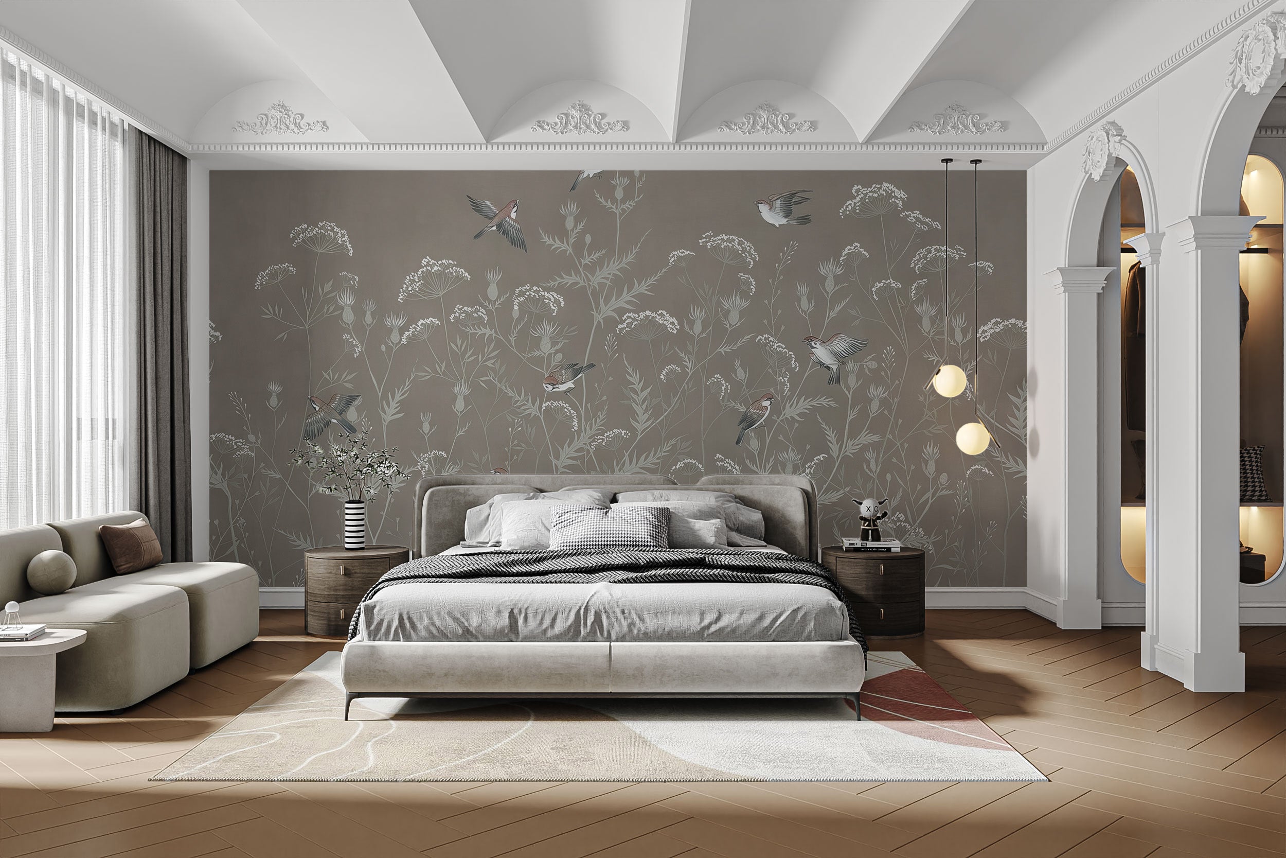 Flying sparrows wallpaper mural for serene wall decor