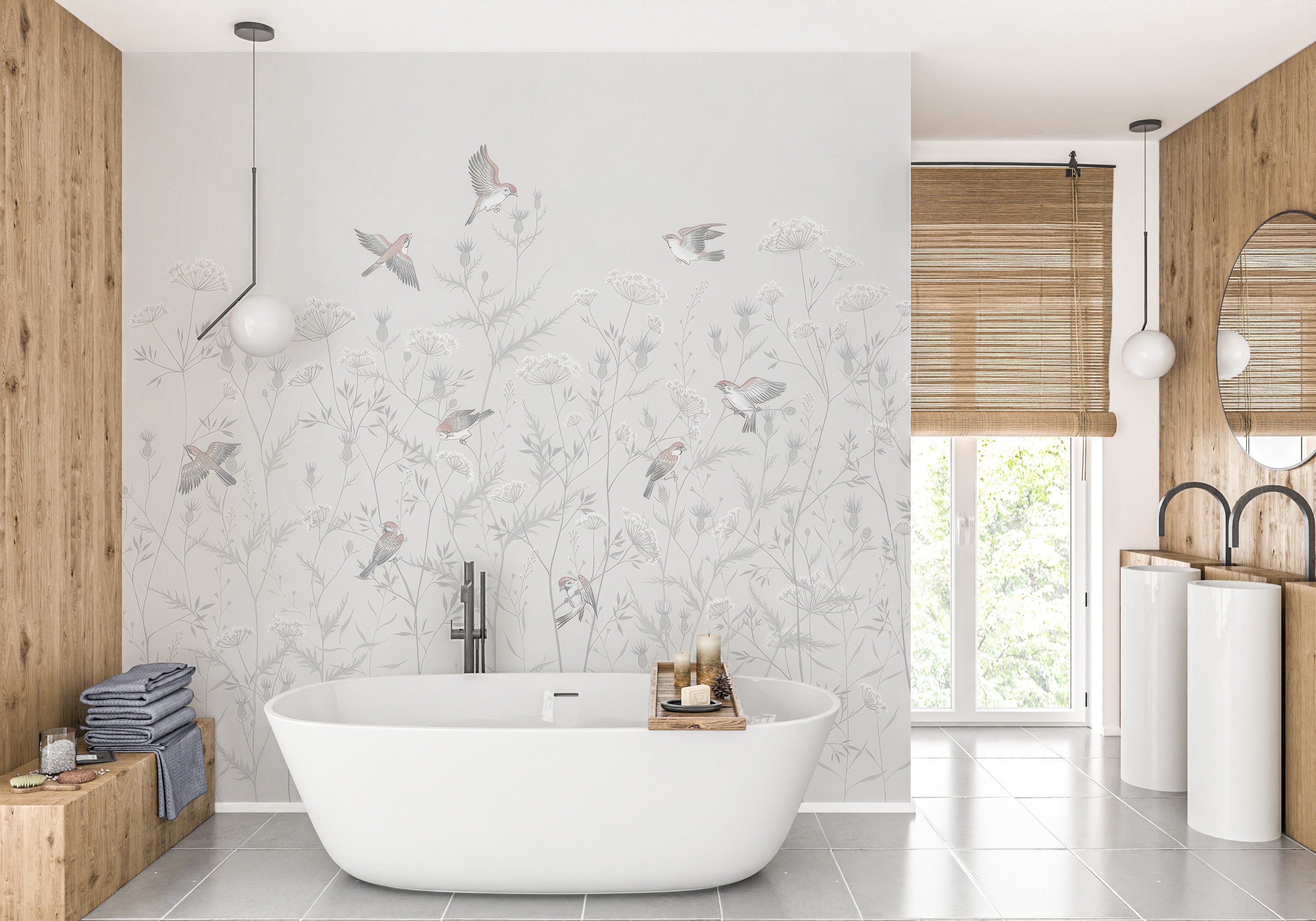 Whimsical floral mural with whispering birds for vibrant spaces