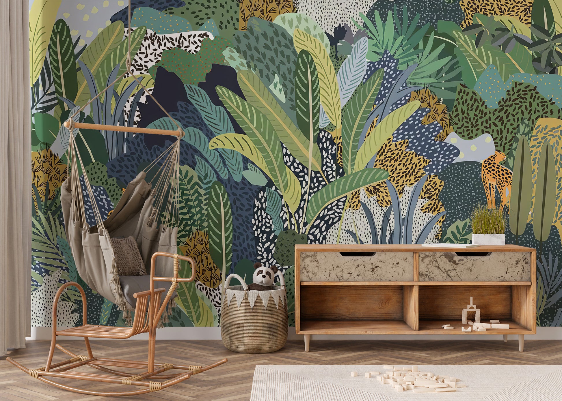 Jungle cat wall mural with a vibrant tropical setting
