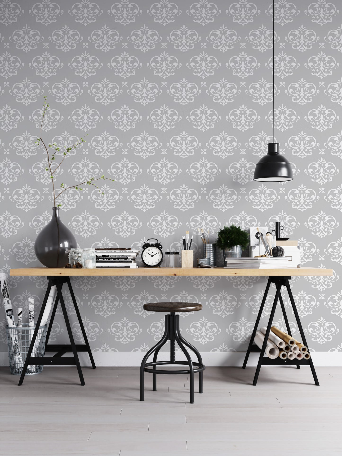 Damask Repeat Pattern Vintage Look Wallpaper For Walls