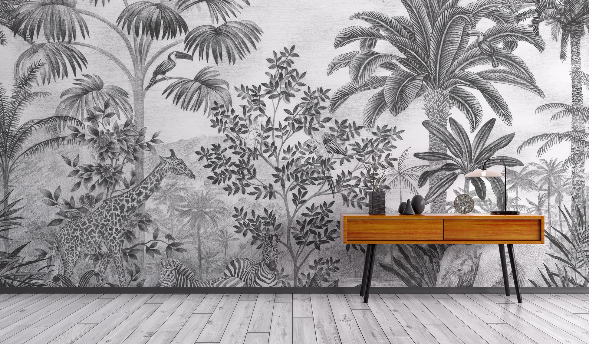 Artistic monochrome safari mural for chic interiors

